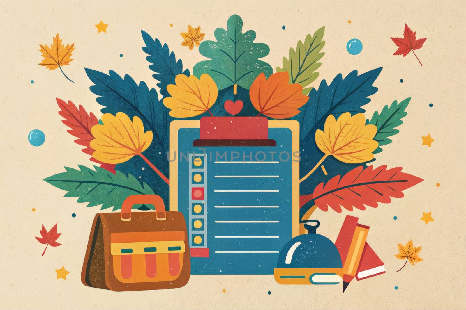 A checklist on a clipboard is surrounded by colorful autumn leaves, a briefcase, a pencil, a book stack, and a bell, all on a cream-colored background dotted with stars and bubbles.