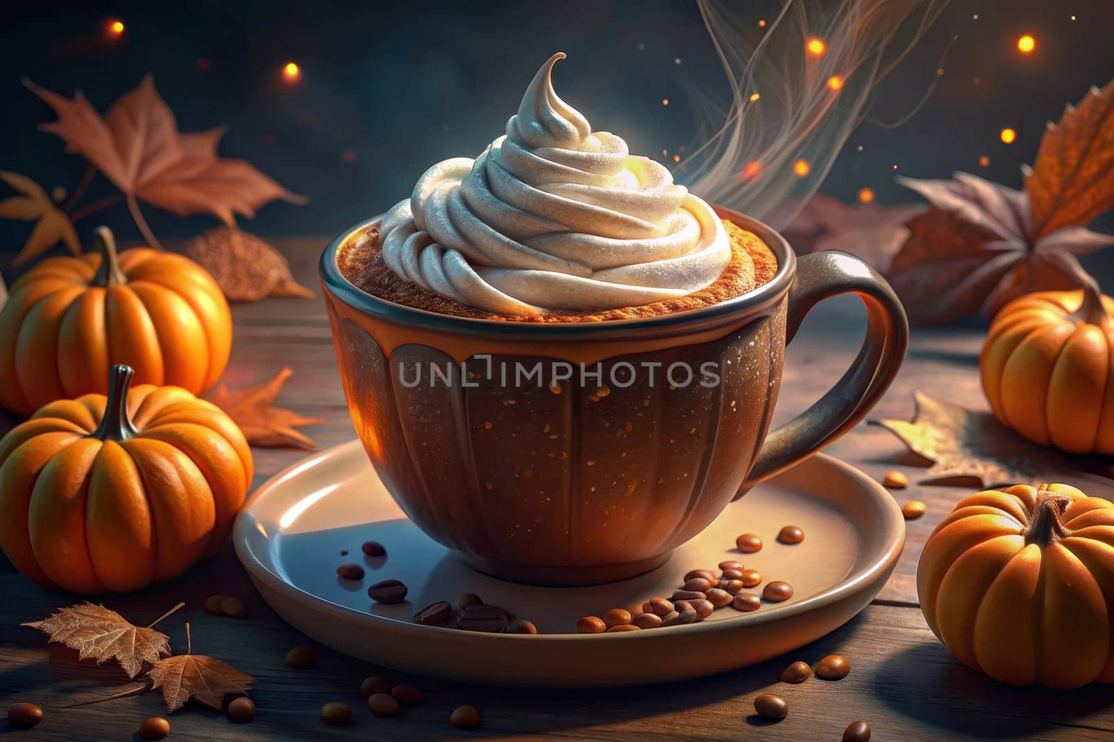 A mug of pumpkin spice latte topped with whipped cream sits on a wooden table, surrounded by pumpkins, cinnamon sticks, and star anise. Warm, golden light illuminates the scene, creating a cozy and inviting atmosphere.