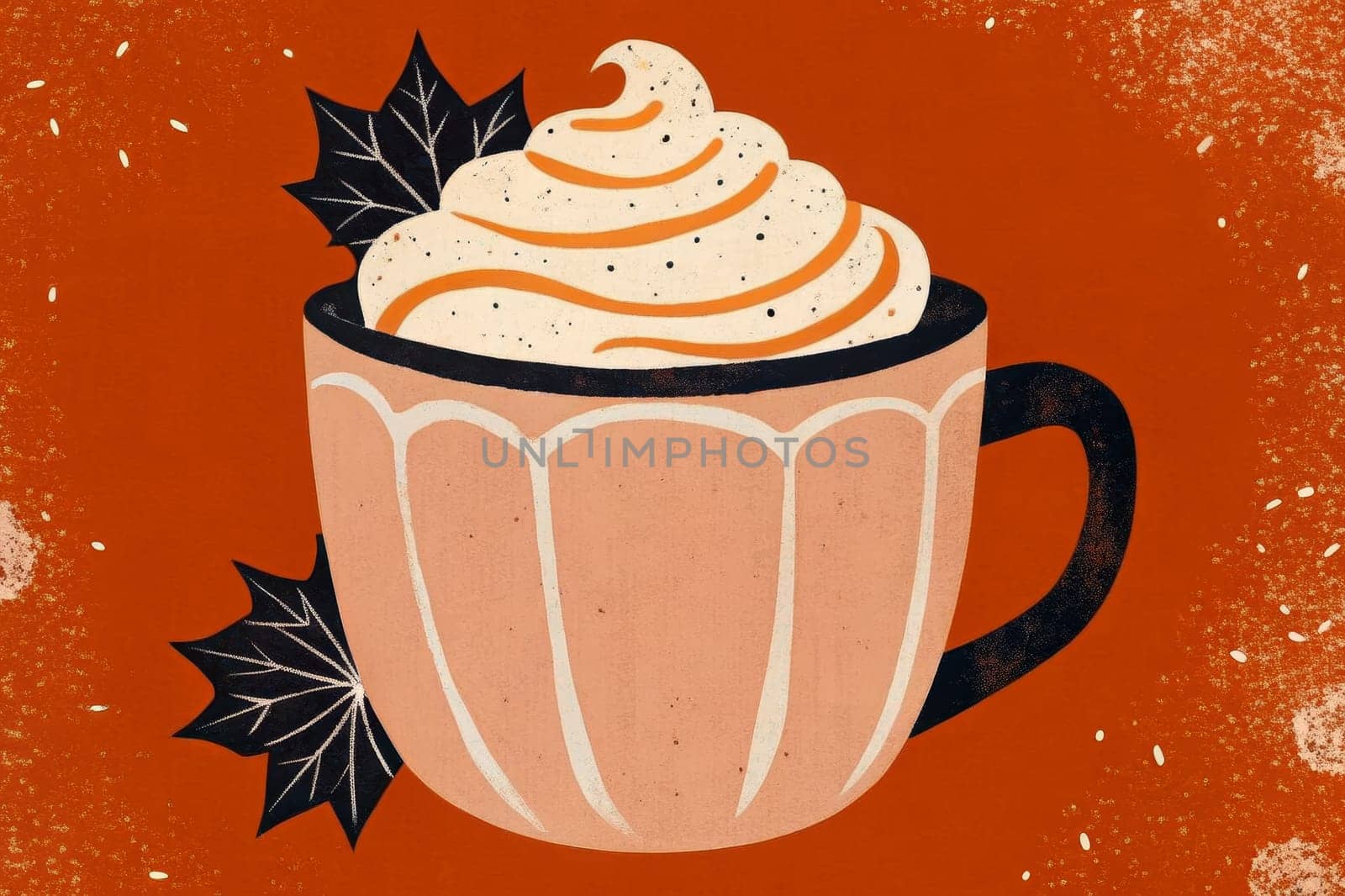 A charming illustration of a warm beverage, possibly a latte or cappuccino, adorned with a generous helping of whipped cream and a sprinkling of spice. The cup is accented with a delicate autumnal leaf and rests on a soft orange background, evoking a sense of comfort and warmth.
