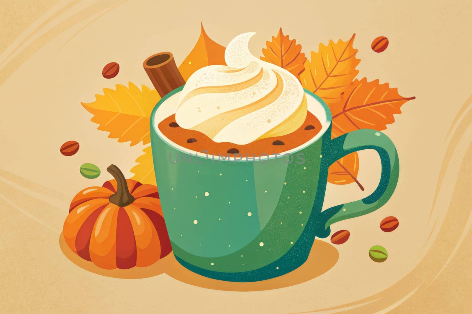 A warm pumpkin spice latte with a generous dollop of whipped cream is depicted in a stylized mug, perfect for a cozy autumn day. A single orange flower rests at the base of the mug, adding to the seasonal charm.