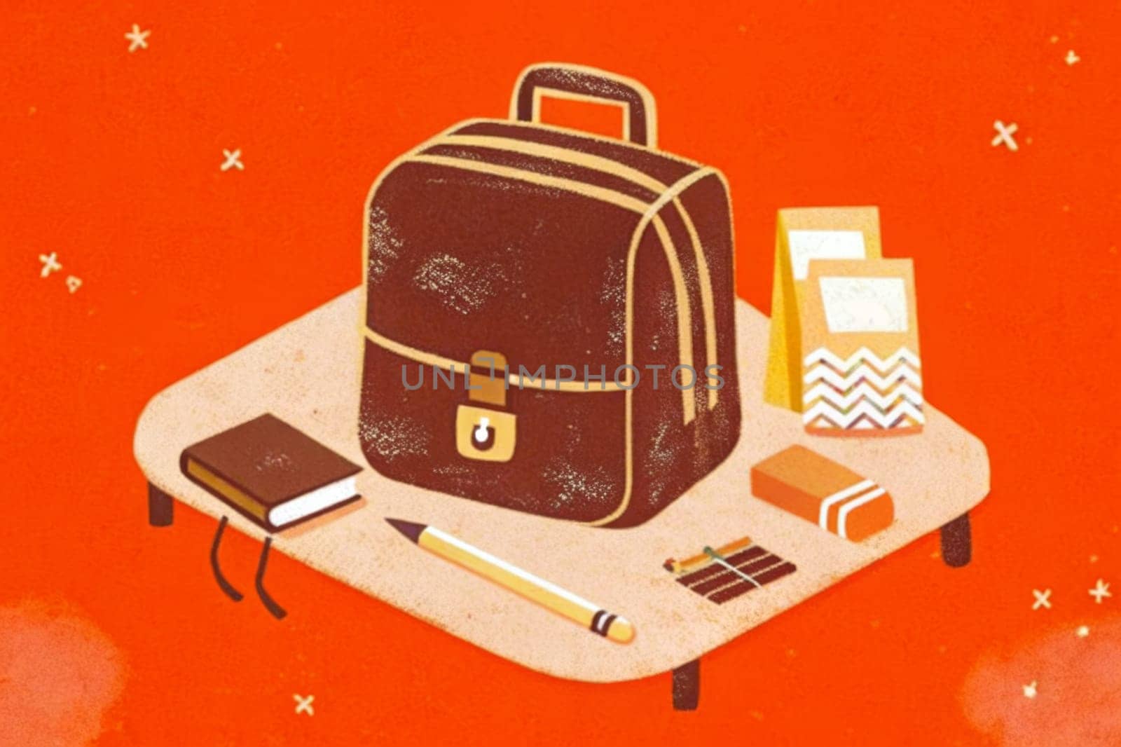 A red backpack sits surrounded by an array of school supplies, including pencils, a notepad, a marker, paperclips, and a stack of books, all displayed on a textured red background. The image evokes a sense of nostalgia and the anticipation of a new school year.