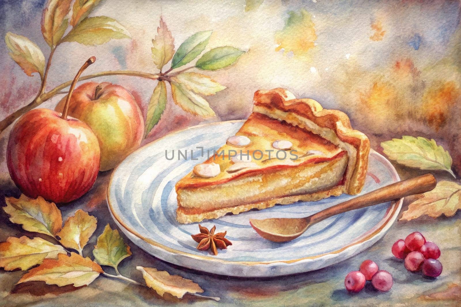 A slice of golden-hued pie, adorned with a delicate dusting of white, rests on a blue and white striped plate surrounded by fallen autumn leaves and ripe apples. The soft light filtering through the window creates a warm and inviting atmosphere, hinting at a cozy afternoon spent indulging in sweet treats and the changing seasons.