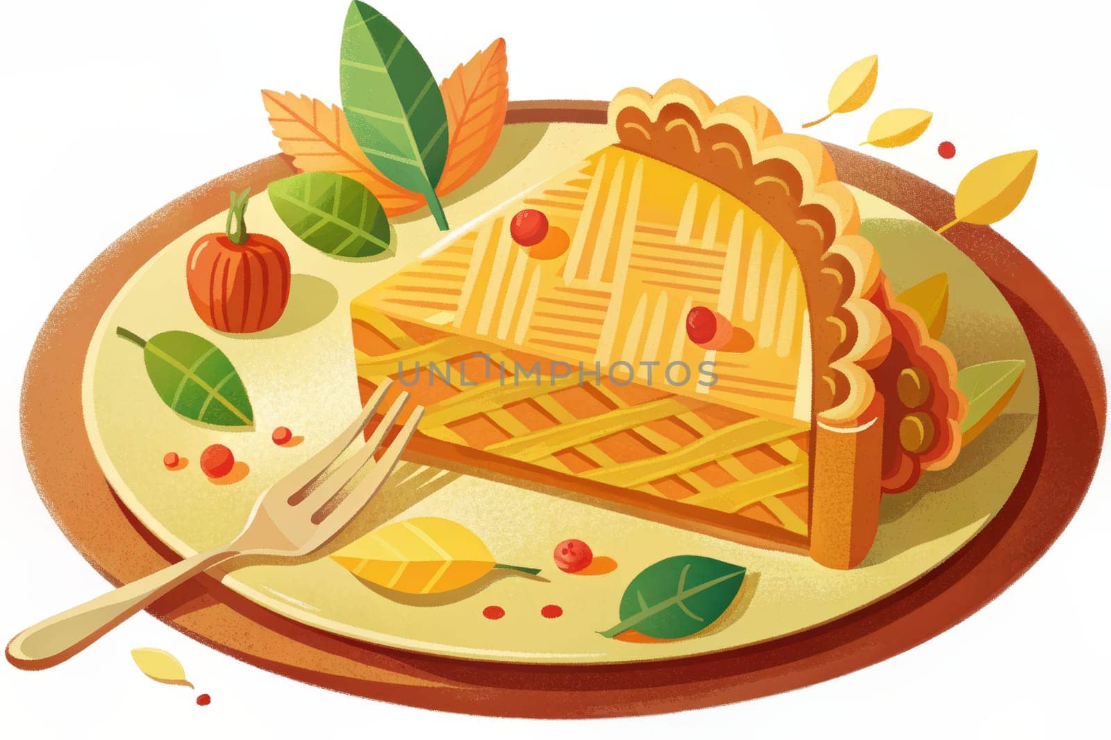 A single slice of pie sits on a yellow plate surrounded by scattered leaves and berries. The pie features a golden crust and a lattice top. A fork lies nearby, suggesting the pie is ready to be enjoyed.