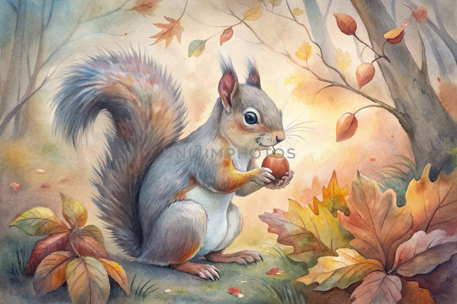 A charming squirrel sits on a woodland path, its bushy tail curled around its body. The creature holds a bright red berry in its paws, ready to enjoy a delicious autumnal snack. Sunlight filters through the trees, casting a warm glow on the leaves scattered across the ground.