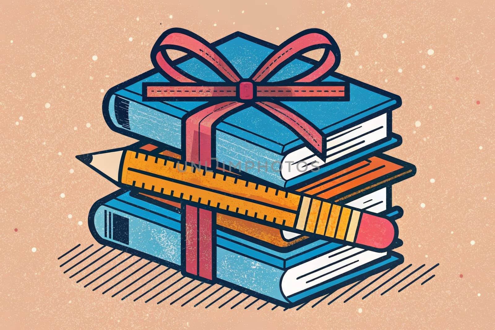 A stack of colorful books, pencils, and a ruler are tied together with a blue ribbon, suggesting a gift of learning.