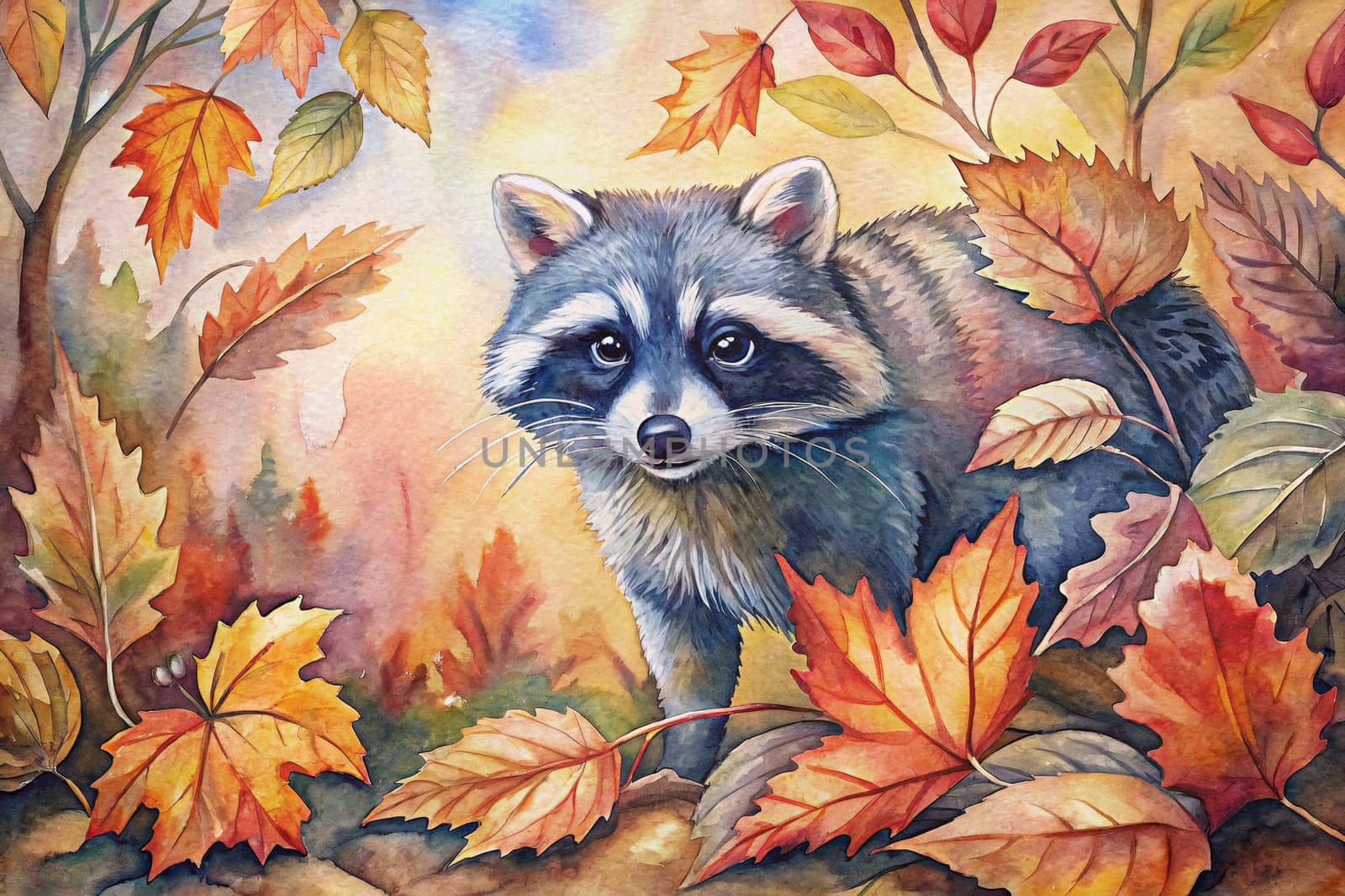 A raccoon with a curious expression stands on a mound of fallen leaves, its eyes focused on something out of frame. Autumn leaves of various colors swirl around it, creating a vibrant and charming scene.