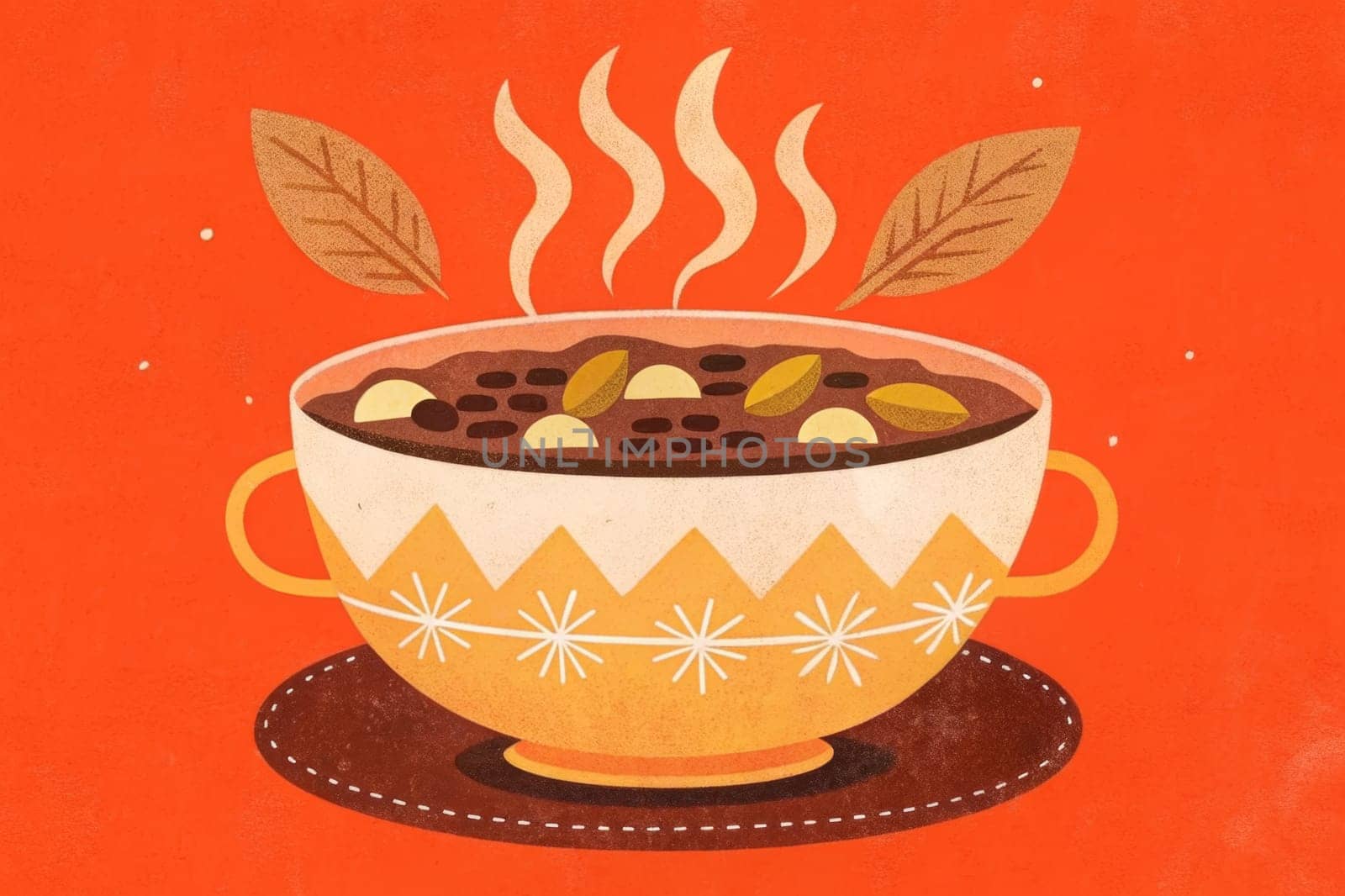A steaming bowl of rich chocolate, topped with marshmallows and nuts, sits on a brown saucer. The bowl has a yellow and white pattern, and there are two brown leaves on either side of the bowl. The background is a vibrant red color, reminiscent of the season.