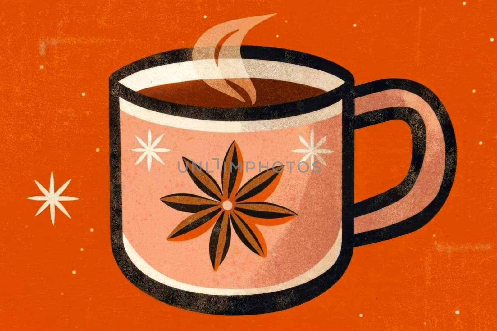 A steaming mug of tea, adorned with a star anise and a slice of orange, sits on a warm brown background. Cinnamon sticks and leaves are arranged beside the mug, adding to the cozy and festive atmosphere.