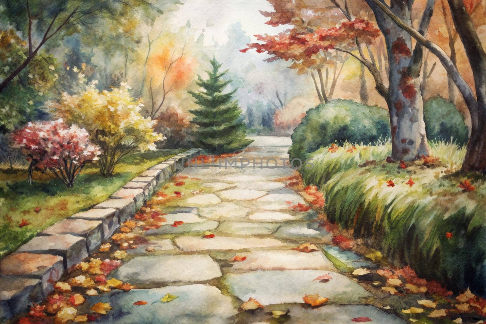 A stone path meanders through a lush autumnal garden, dappled with fallen leaves. The air is misty and the trees are adorned with vibrant hues of red, orange, and yellow. The path leads towards a secluded clearing in the forest, inviting the viewer to explore the tranquility of the scene.