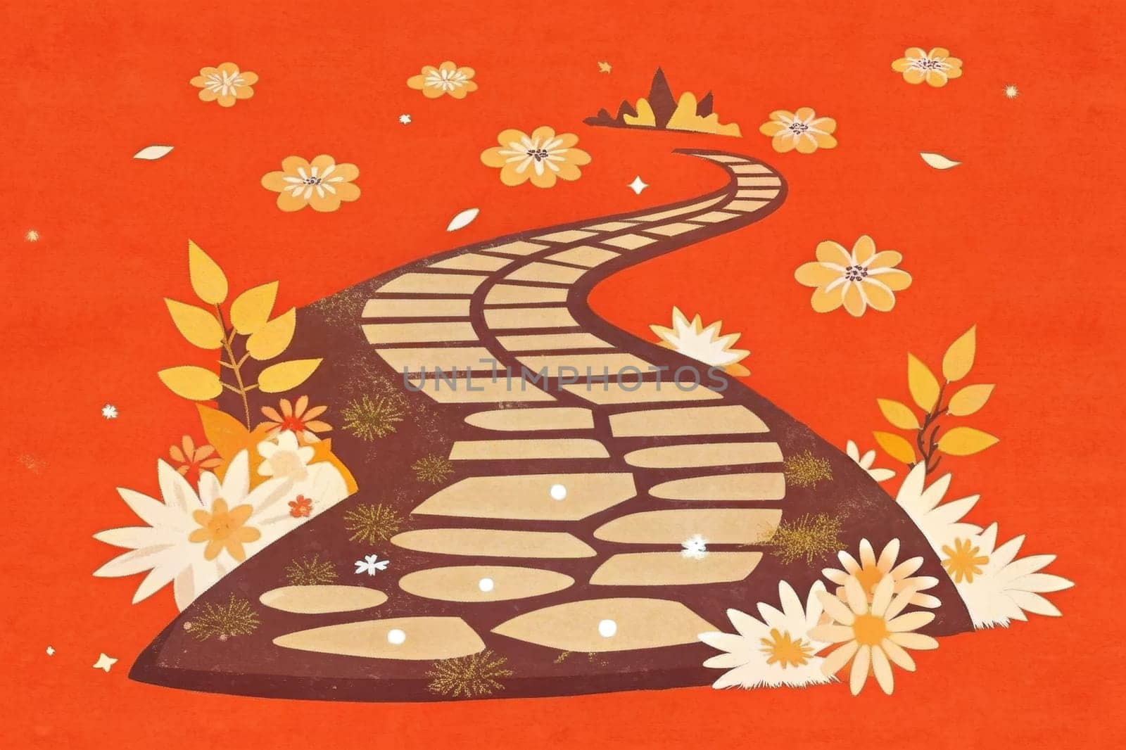 A winding stone path curves through a field of golden blossoms against a bright red background. The path is made of irregular stones, and the blossoms are scattered throughout the field. Small white petals float in the air, adding to the whimsical feel of the scene.