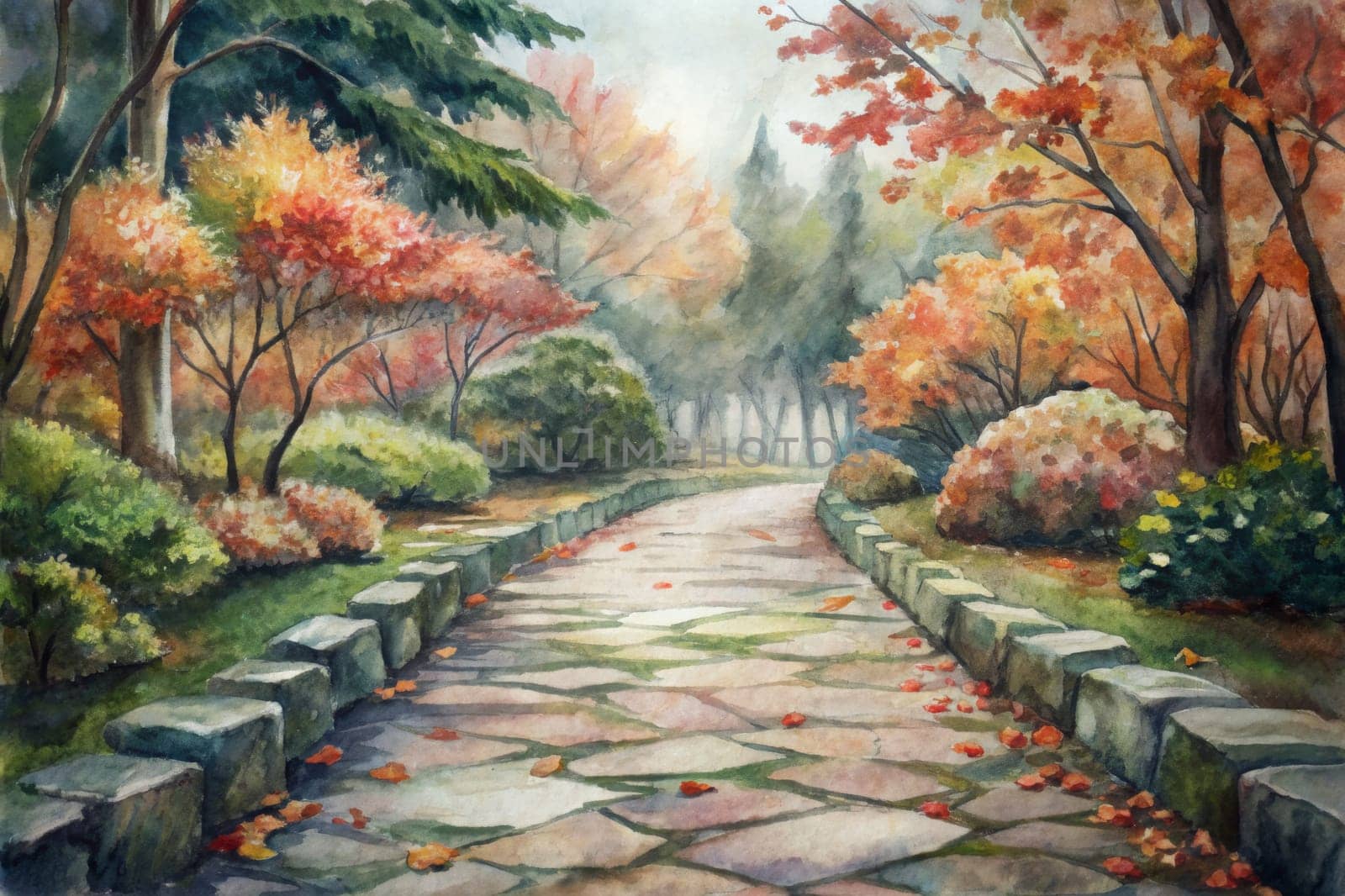 A stone path meanders through a lush autumnal garden, dappled with fallen leaves. The air is misty and the trees are adorned with vibrant hues of red, orange, and yellow. The path leads towards a secluded clearing in the forest, inviting the viewer to explore the tranquility of the scene.