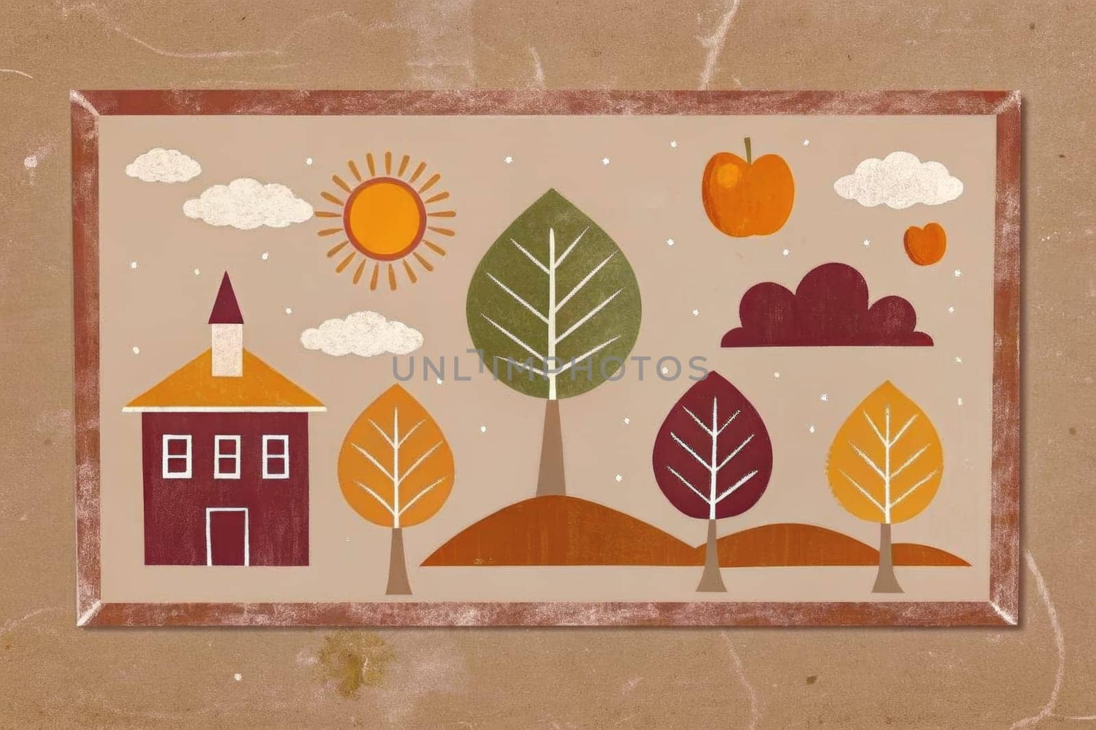 A quaint, black house with white windows stands nestled amongst the trees in a stylized, autumnal forest. The sun shines through the clouds, casting warm hues on the landscape, while the trees begin to turn shades of red and orange.