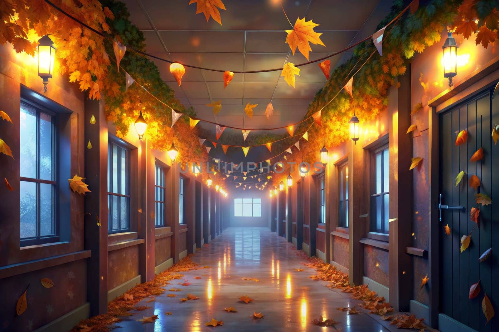 Golden leaves flutter down a dimly lit hallway, falling on the cobblestone floor and adorning the building's brick walls. Strings of colorful flags and lights decorate the passageway, creating a warm and inviting ambiance for an evening gathering.