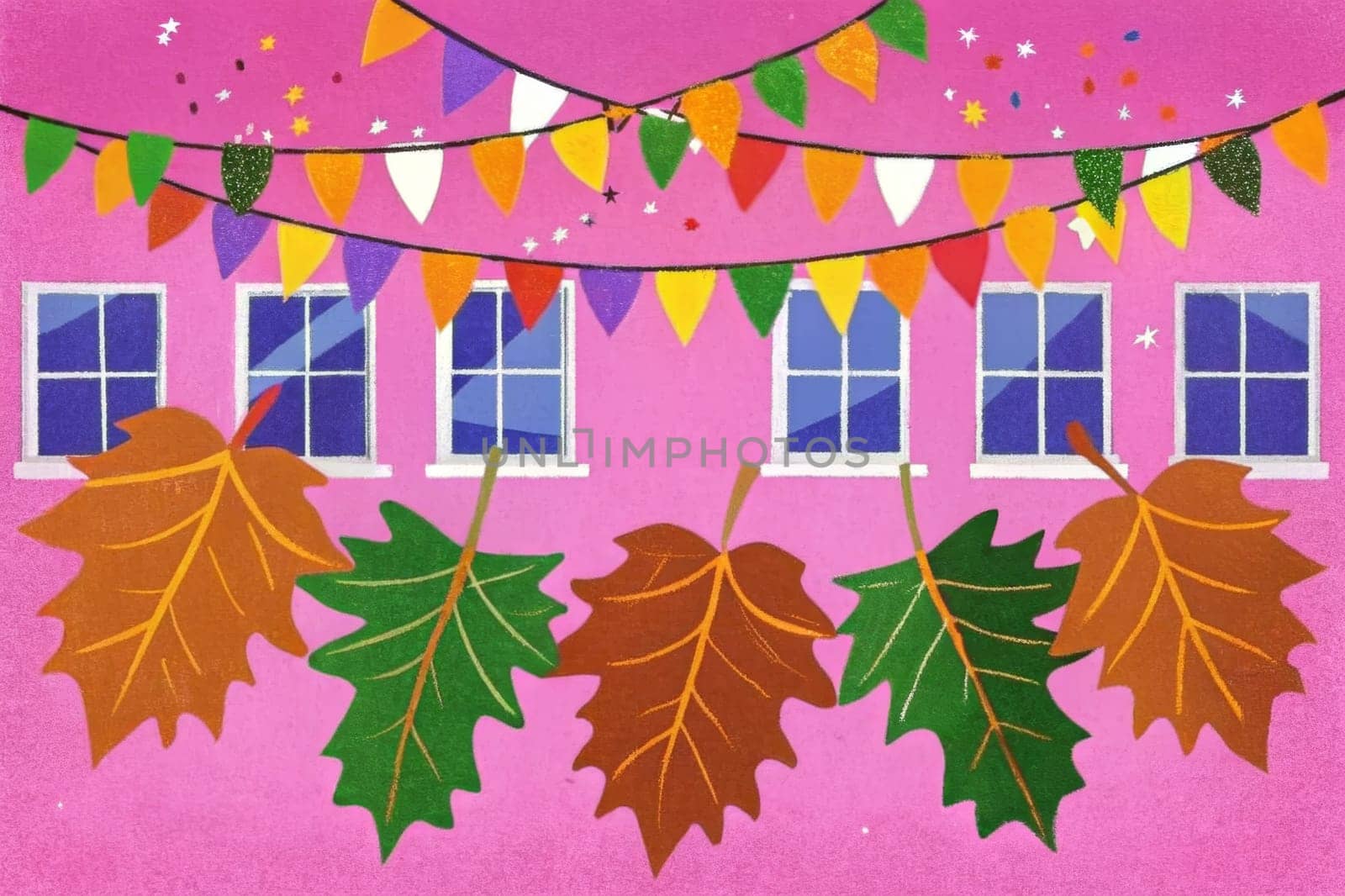 A picturesque autumn scene unfolds, featuring a quaint building adorned with a festive string of pennants. The windows are lit with warm, inviting lights that cast a soft glow on the surrounding area. As the wind gently blows, colorful leaves dance and swirl through the air, creating a breathtaking display of autumn's vibrant palette.