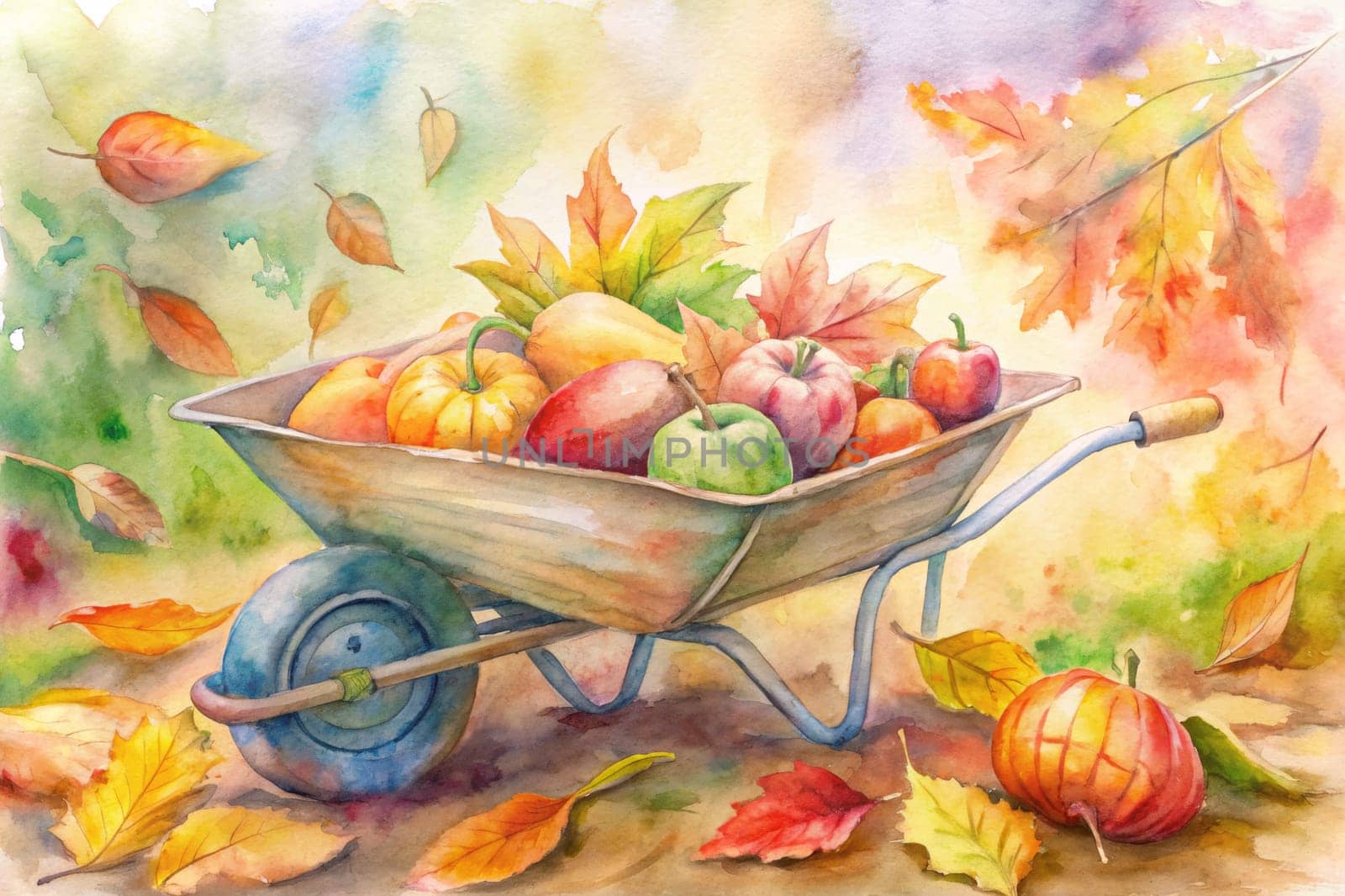 An empty hallway is decorated for autumn with bunting and maple leaves, creating a warm and inviting atmosphere. The hallway is lined with doors and windows, and the floor is polished and reflects the light. There are also some leaves scattered on the floor, adding to the autumnal feel.