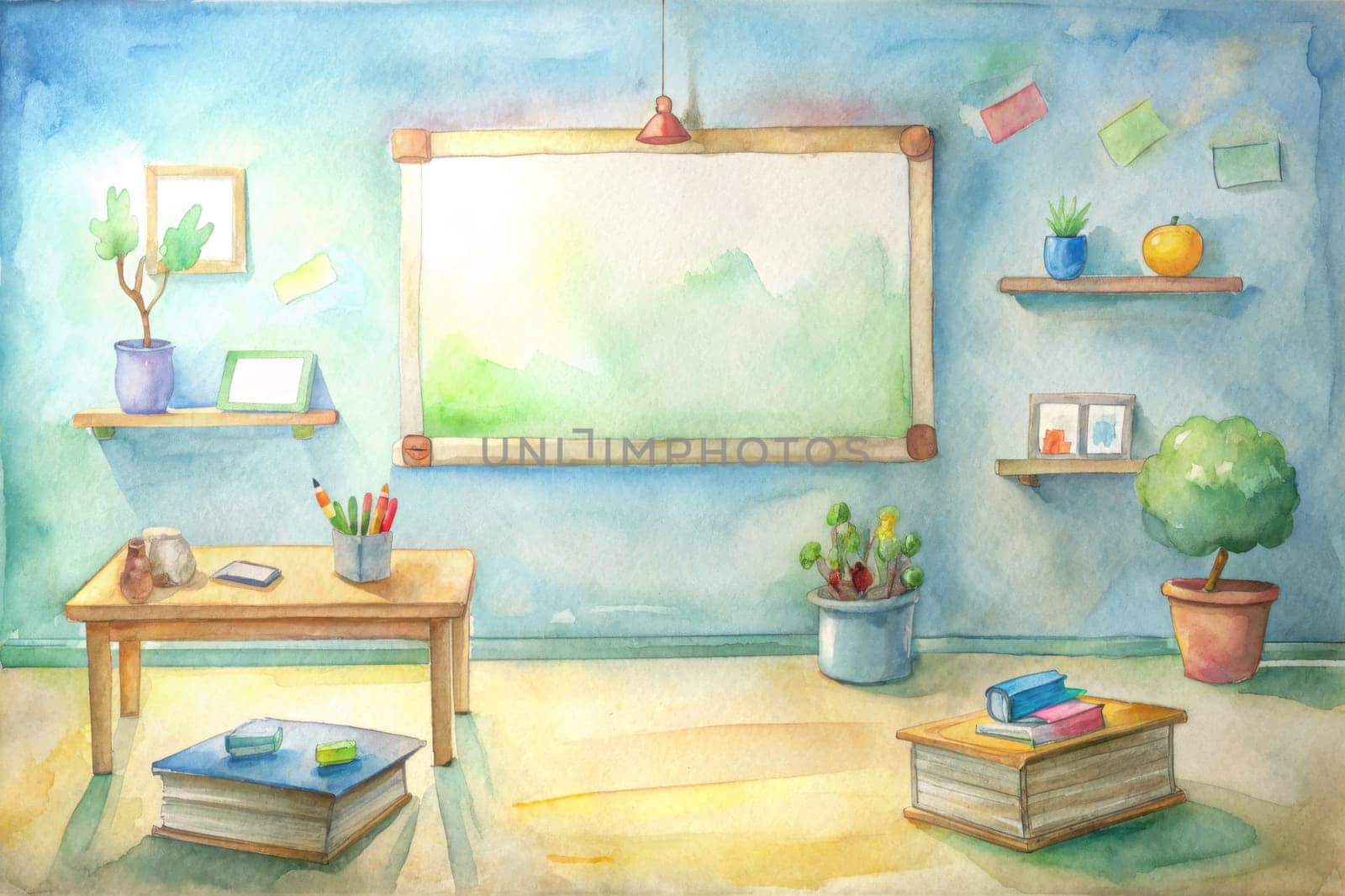 A watercolor painting depicts a classroom with a large blank blackboard, a desk with pencils and a phone, a small table with books, and various plants and decorations. The room has a light, airy feel, suggesting a space for creativity and exploration.