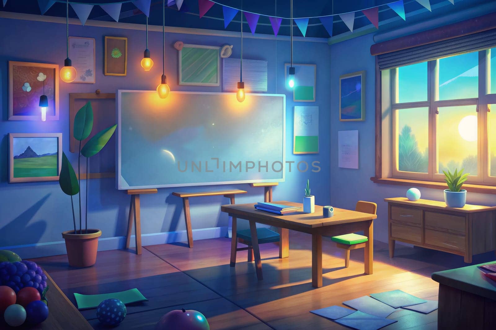 A classroom illuminated by soft, warm light from hanging bulbs and the setting sun streaming through the window. A festive atmosphere is created by colorful flags strung across the ceiling. The classroom features a large chalkboard, a desk with chairs, a potted plant, and a bookshelf filled with books.
