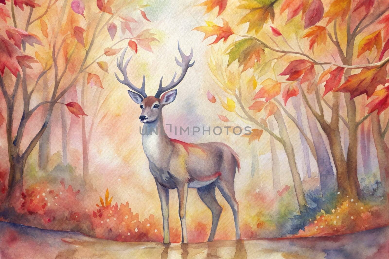 A graceful deer, with antlers just beginning to grow, stands calmly in a forest bathed in the warm hues of autumn. The trees surrounding it are painted in shades of orange, yellow, and red, their leaves gently falling to the ground. The dappled sunlight filters through the branches, casting a gentle glow on the scene, and a stream reflects the colors of the forest below.