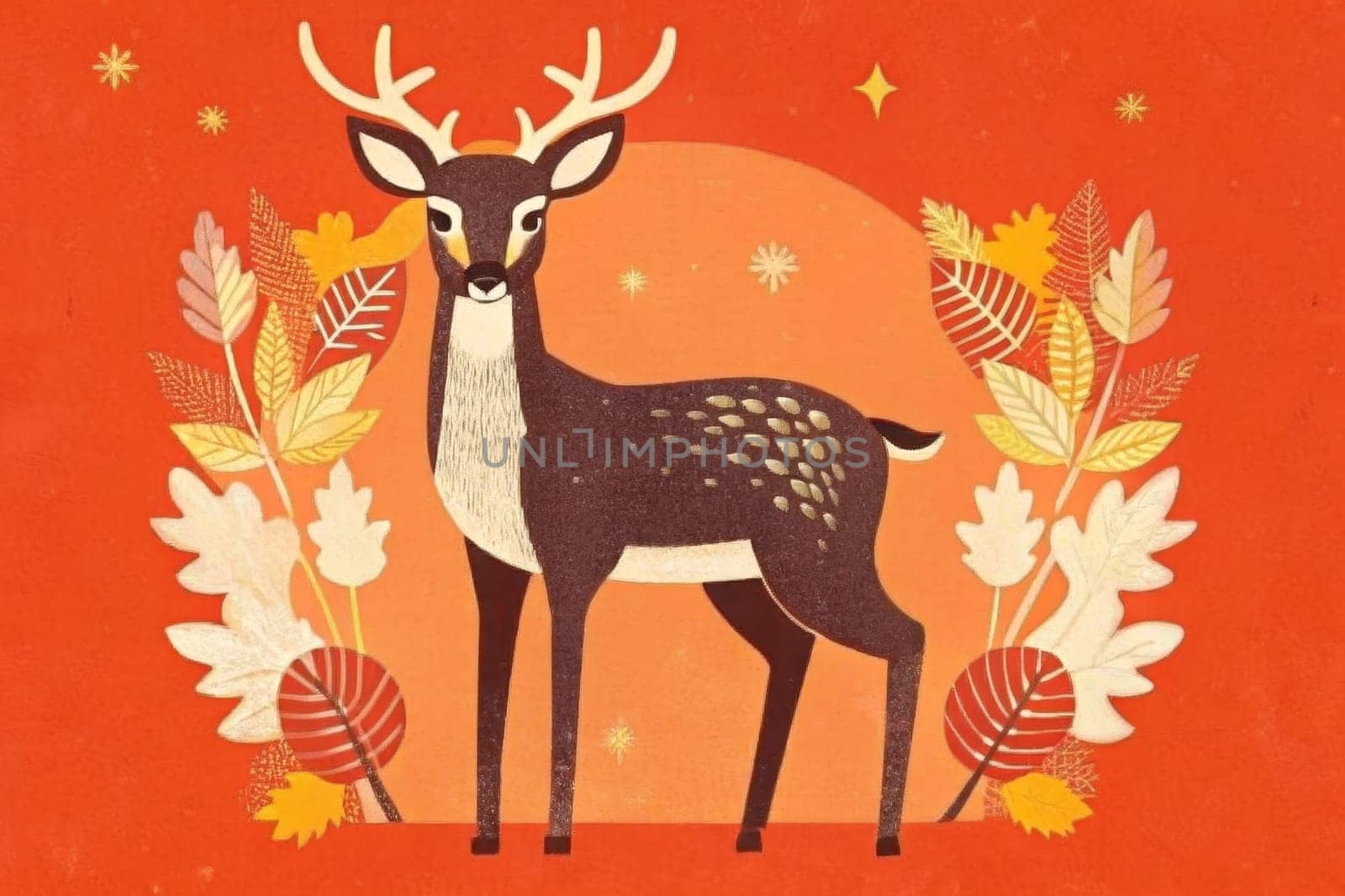 A stylized deer, with a soft, brown coat and white markings, stands amidst a vibrant orange backdrop. Golden leaves, like shimmering stars, dance around the deer, creating a sense of autumnal magic.