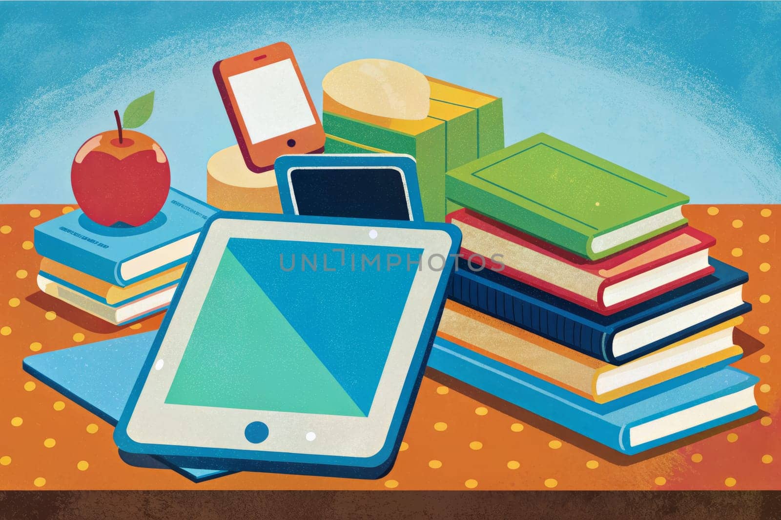 A red apple sits atop a stack of blue, yellow, and orange books. Beside the apple, a smartphone and a tablet rest on a table covered in orange and yellow polka dots. A stack of five more books is piled behind the tablet and smartphone.