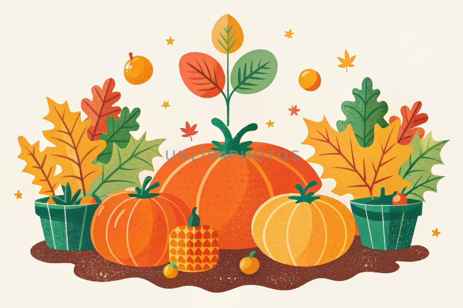 A cheerful arrangement of pumpkins in various sizes and colors sits amongst fall foliage and potted plants. Autumn leaves in warm shades of red, orange, and yellow add to the festive ambiance, while scattered confetti-like dots in vibrant hues complete the scene.