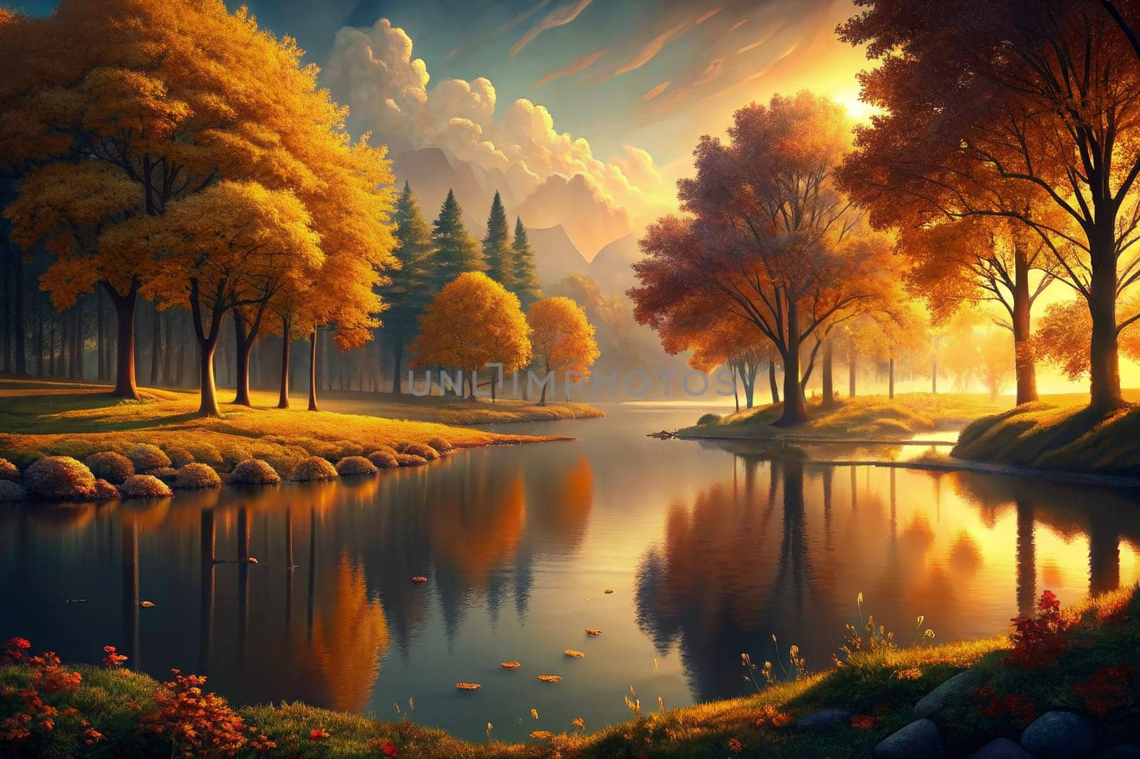 A calm river flows through a tranquil forest at sunset. The trees are adorned with vibrant yellow and orange leaves, casting warm reflections on the water's surface. Sunbeams pierce through the trees, illuminating the scene with a golden glow.