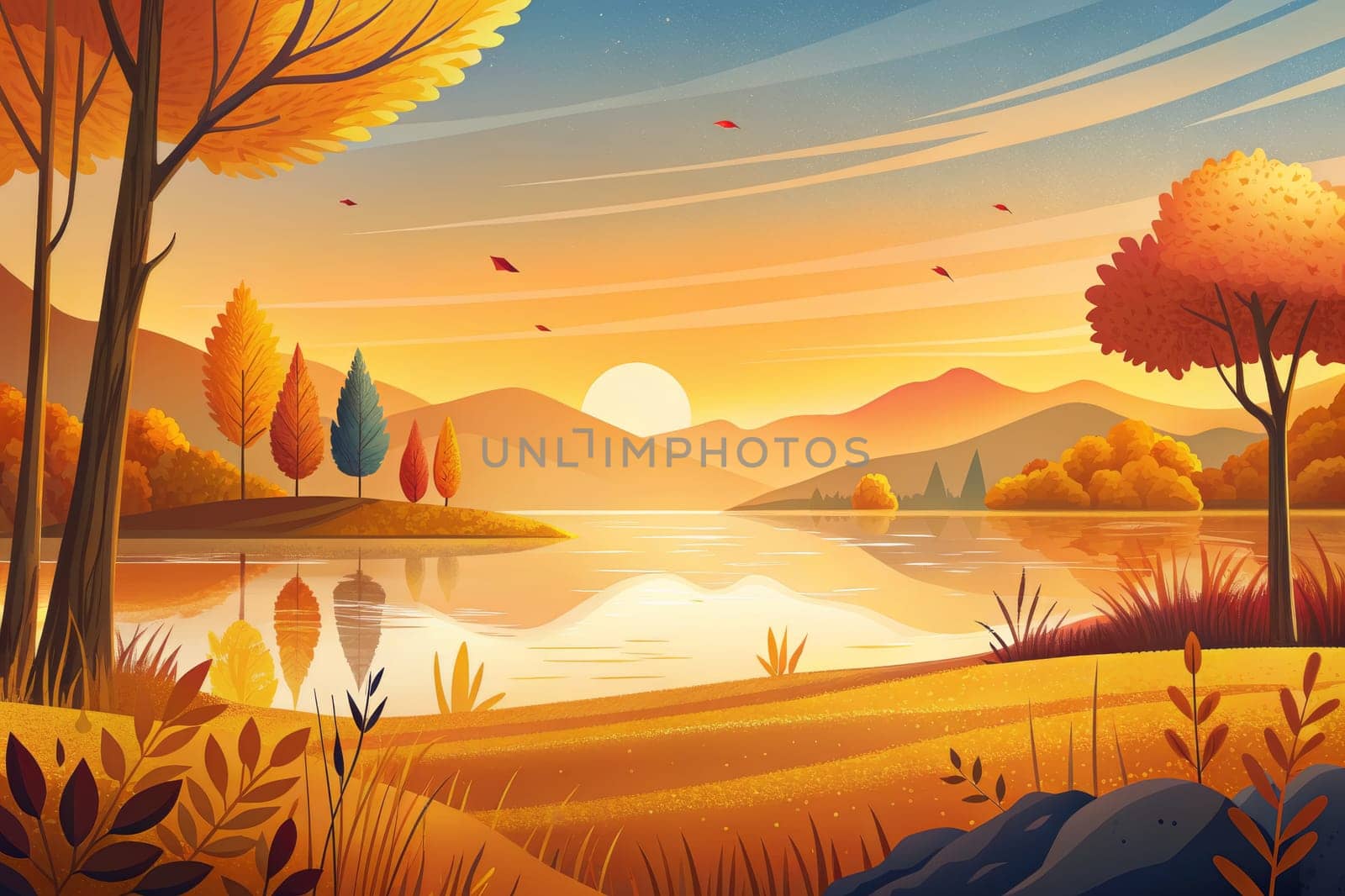 A serene lake nestled amongst rolling hills, bathed in the warm glow of the setting sun. Lush foliage in vibrant autumn hues lines the banks, with reflections shimmering on the water's surface. A peaceful scene of nature's beauty, captured at the perfect moment of golden hour.