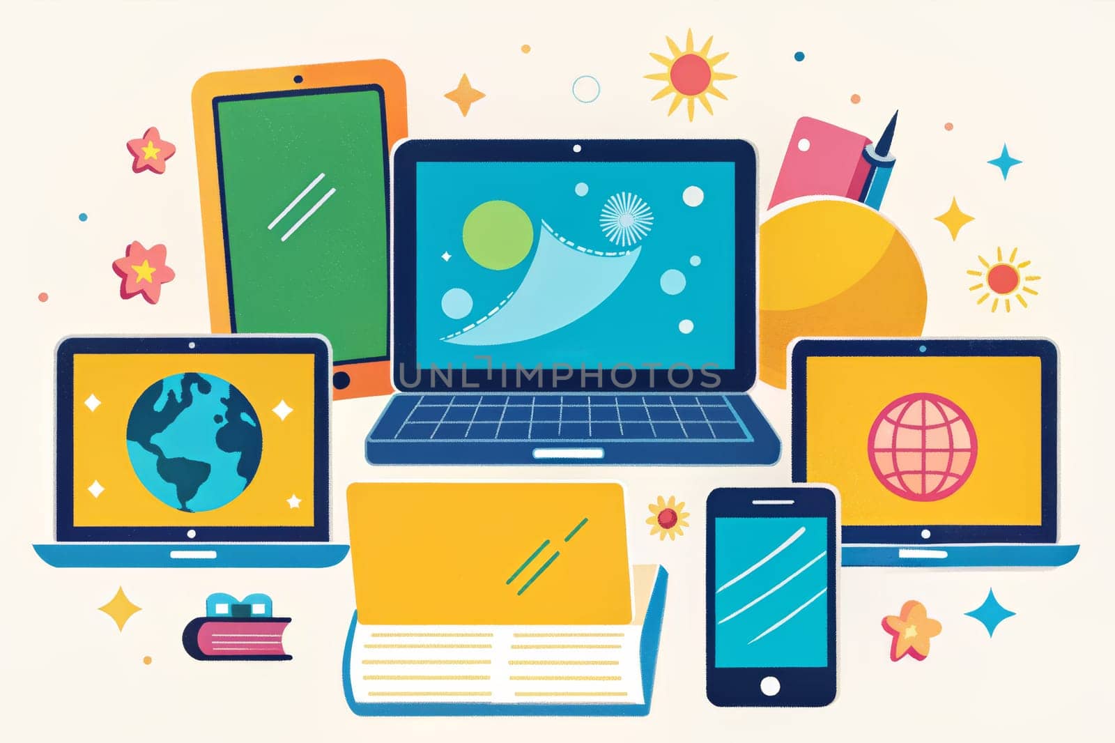 Various electronic devices including a laptop, tablet, smartphone, and a stack of books are displayed in a bright, vibrant, and whimsical illustration, surrounded by playful stars and other abstract shapes.