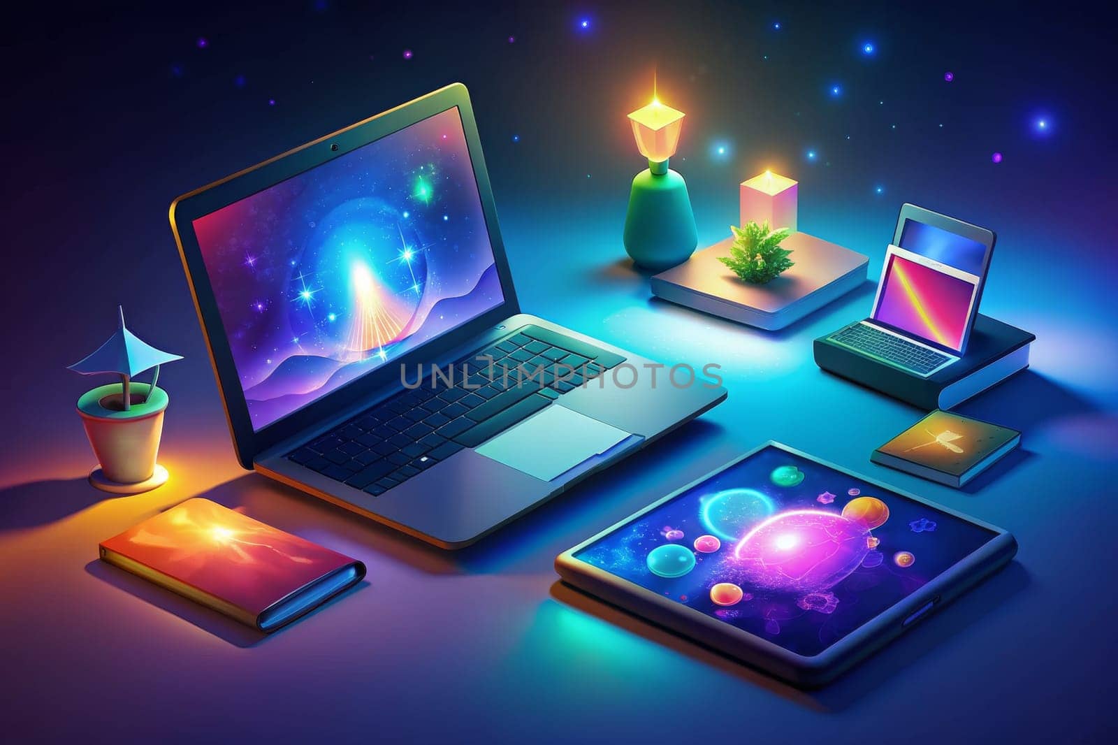 Two laptops rest on a glowing blue surface, one showcasing a vibrant fantasy landscape and the other displaying a calming green screen. A bonsai tree sits on a stack of books next to a glowing jar, adding a touch of nature and a sense of wonder to the scene.