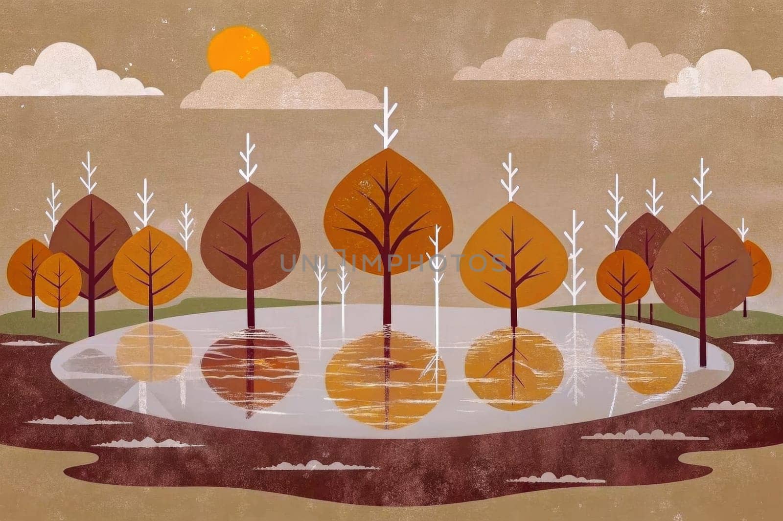 A stylized landscape with a tranquil pond surrounded by a ring of trees, their autumnal foliage reflecting on the still water. The sun shines brightly overhead, casting warm light on the scene.