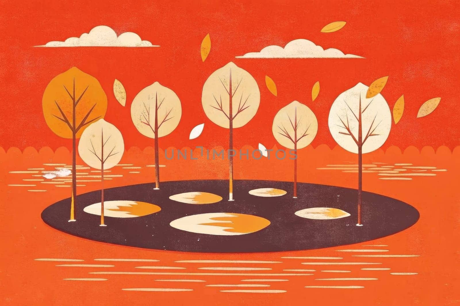 A stylized landscape with a tranquil pond surrounded by a ring of trees, their autumnal foliage reflecting on the still water. The sun shines brightly overhead, casting warm light on the scene.