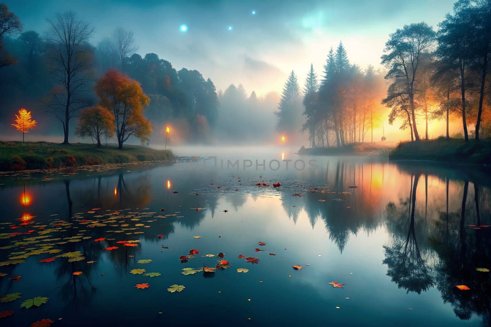 The soft glow of sunrise illuminates a misty forest lake as leaves drift gently upon the water. Tall trees stand shrouded in fog along the banks, creating a sense of mystery and peace.