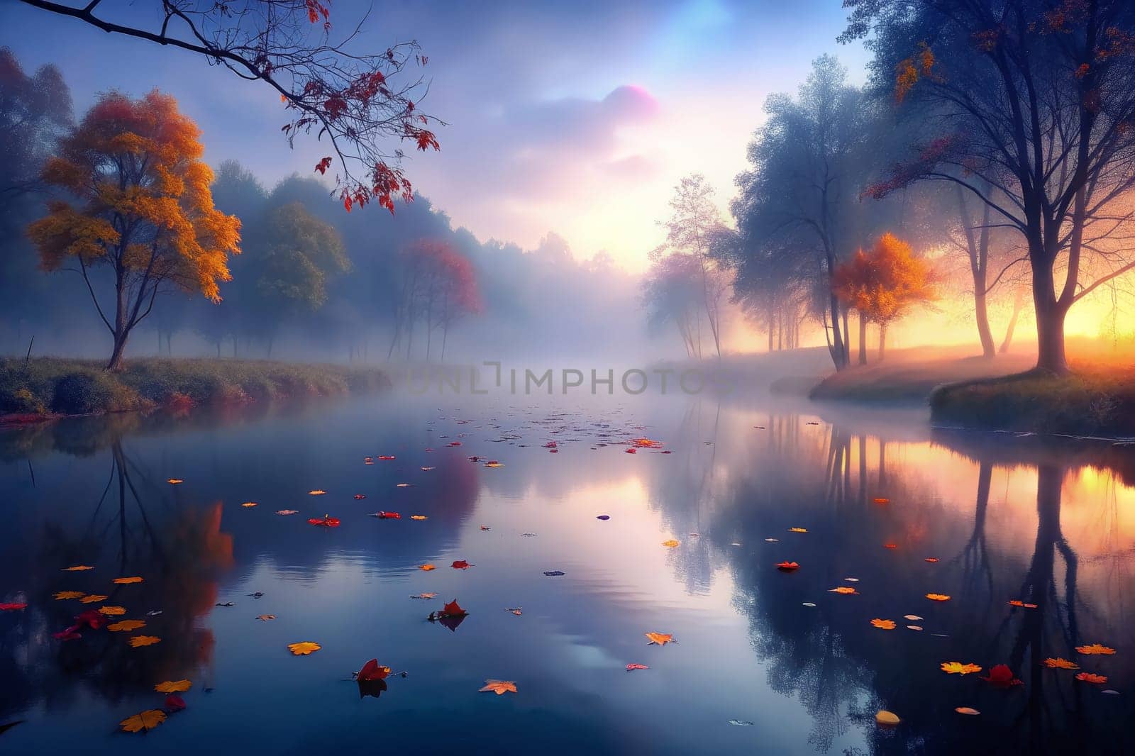 The soft glow of sunrise illuminates a misty forest lake as leaves drift gently upon the water. Tall trees stand shrouded in fog along the banks, creating a sense of mystery and peace.