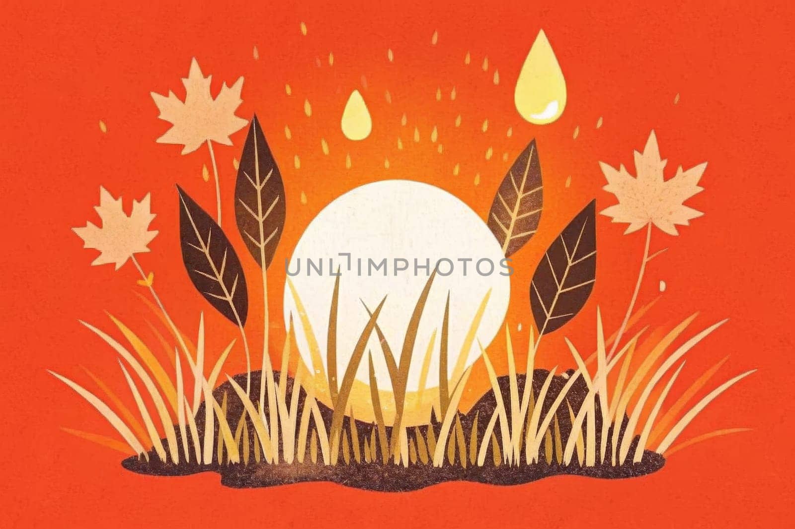 A stylized illustration of autumn leaves in various shades of red, orange, and brown, standing tall against a backdrop of a setting sun and a starry sky. The image evokes a sense of peace and tranquility, with the soft, muted tones creating a calming and atmospheric scene.