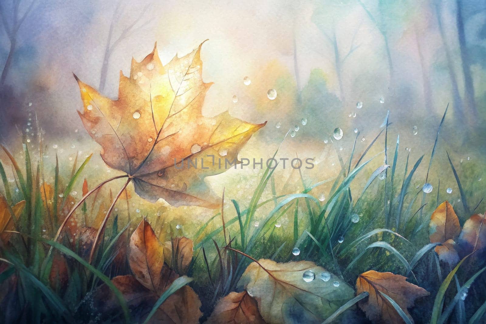 The image captures a solitary maple leaf, lying in a field of lush green grass. The leaf is adorned with delicate dew drops, catching the soft golden light of dawn. The background is a blur of soft pastels, creating a dreamy and ethereal atmosphere.
