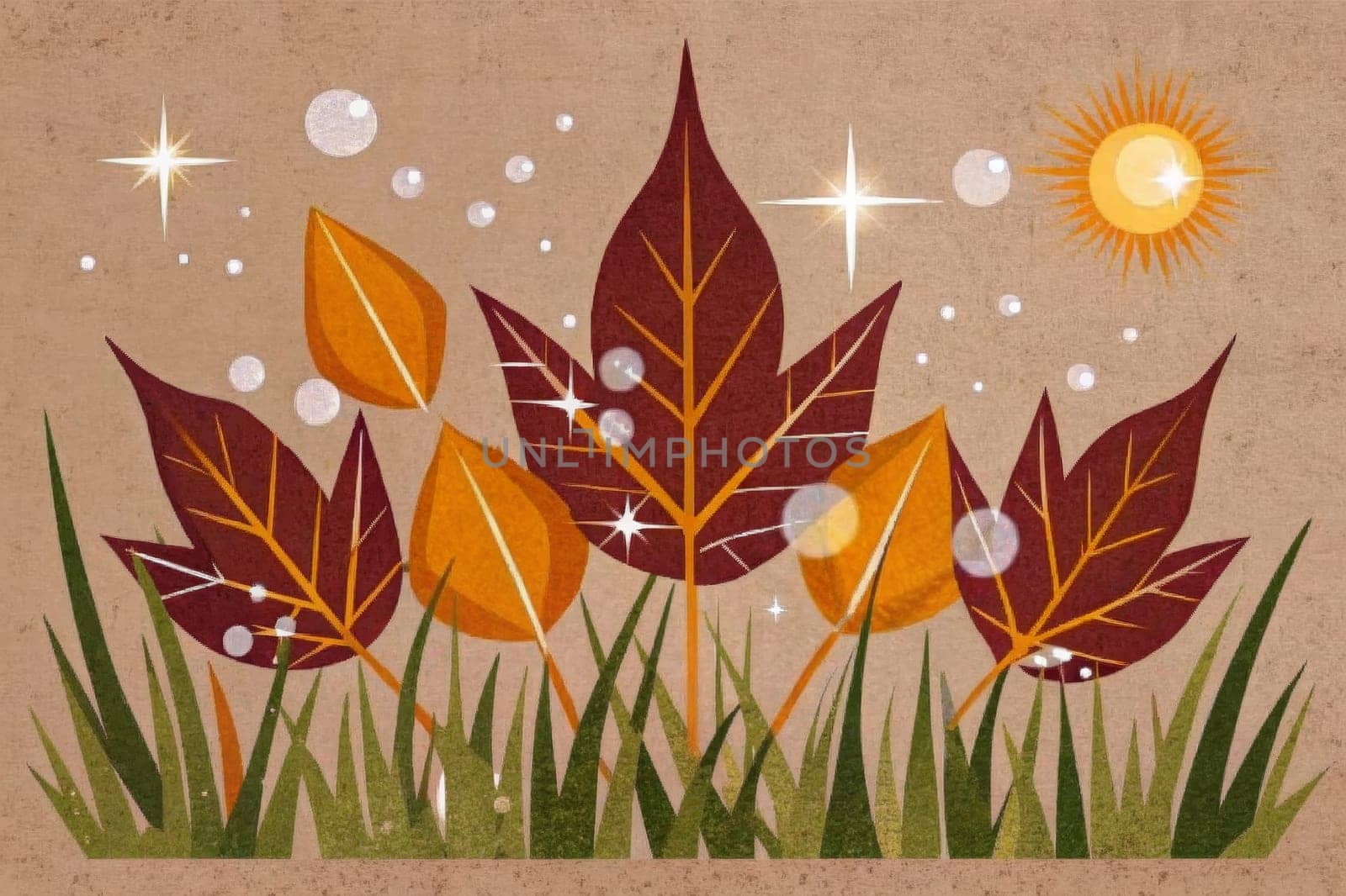 A stylized illustration of autumn leaves in various shades of red, orange, and brown, standing tall against a backdrop of a setting sun and a starry sky. The image evokes a sense of peace and tranquility, with the soft, muted tones creating a calming and atmospheric scene.