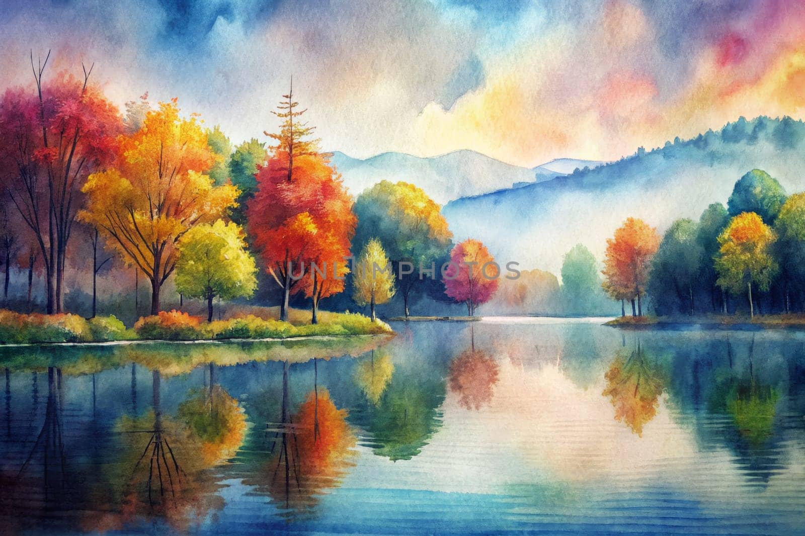 A tranquil lake reflects the vibrant colors of an autumn forest. Golden leaves shimmer on trees lining the water's edge, while a misty haze adds an ethereal quality to the scene. The distant mountains are shrouded in soft, blue hues, creating a sense of serenity and peace.