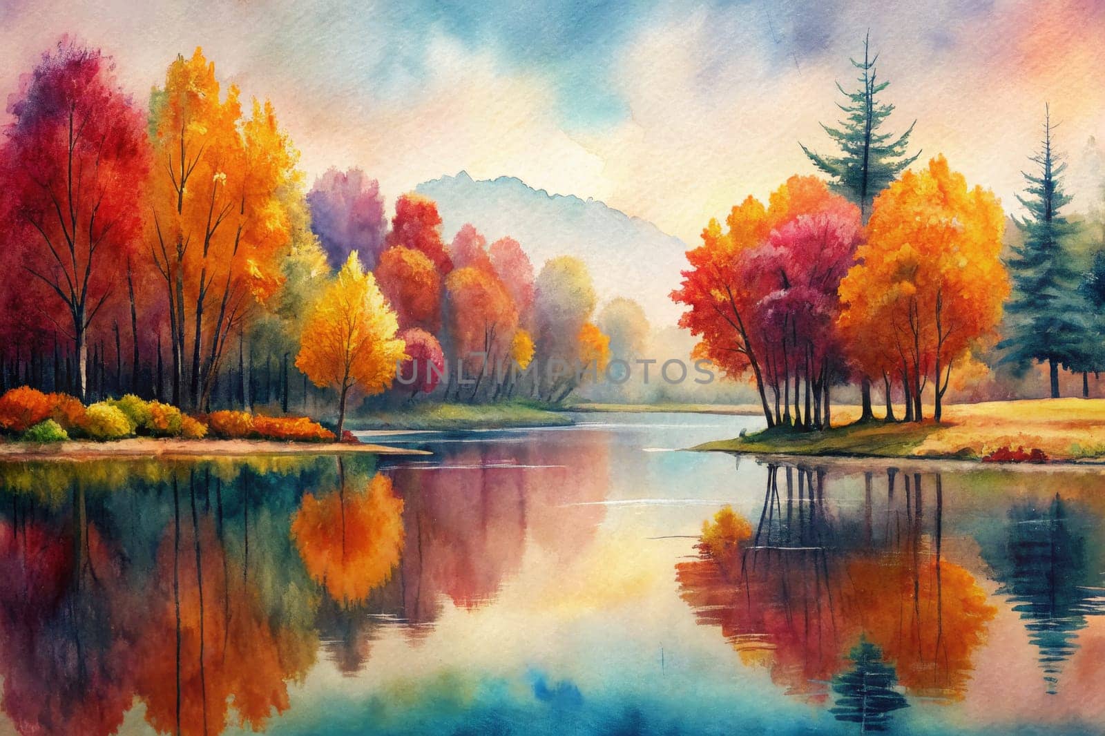 A tranquil lake reflects the vibrant colors of an autumn forest. Golden leaves shimmer on trees lining the water's edge, while a misty haze adds an ethereal quality to the scene. The distant mountains are shrouded in soft, blue hues, creating a sense of serenity and peace.