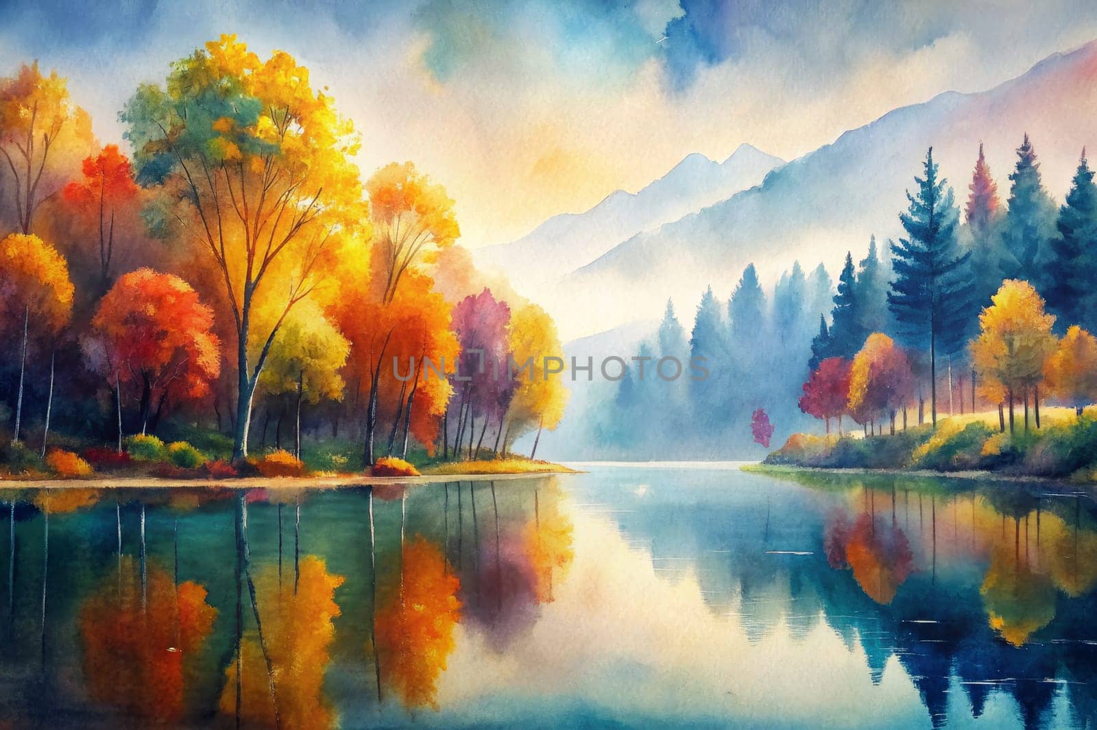 A tranquil lake reflects the vibrant colors of an autumn forest. Golden leaves shimmer on trees lining the water's edge, while a misty haze adds an ethereal quality to the scene. The distant mountains are shrouded in soft, blue hues, creating a sense of serenity and peace.