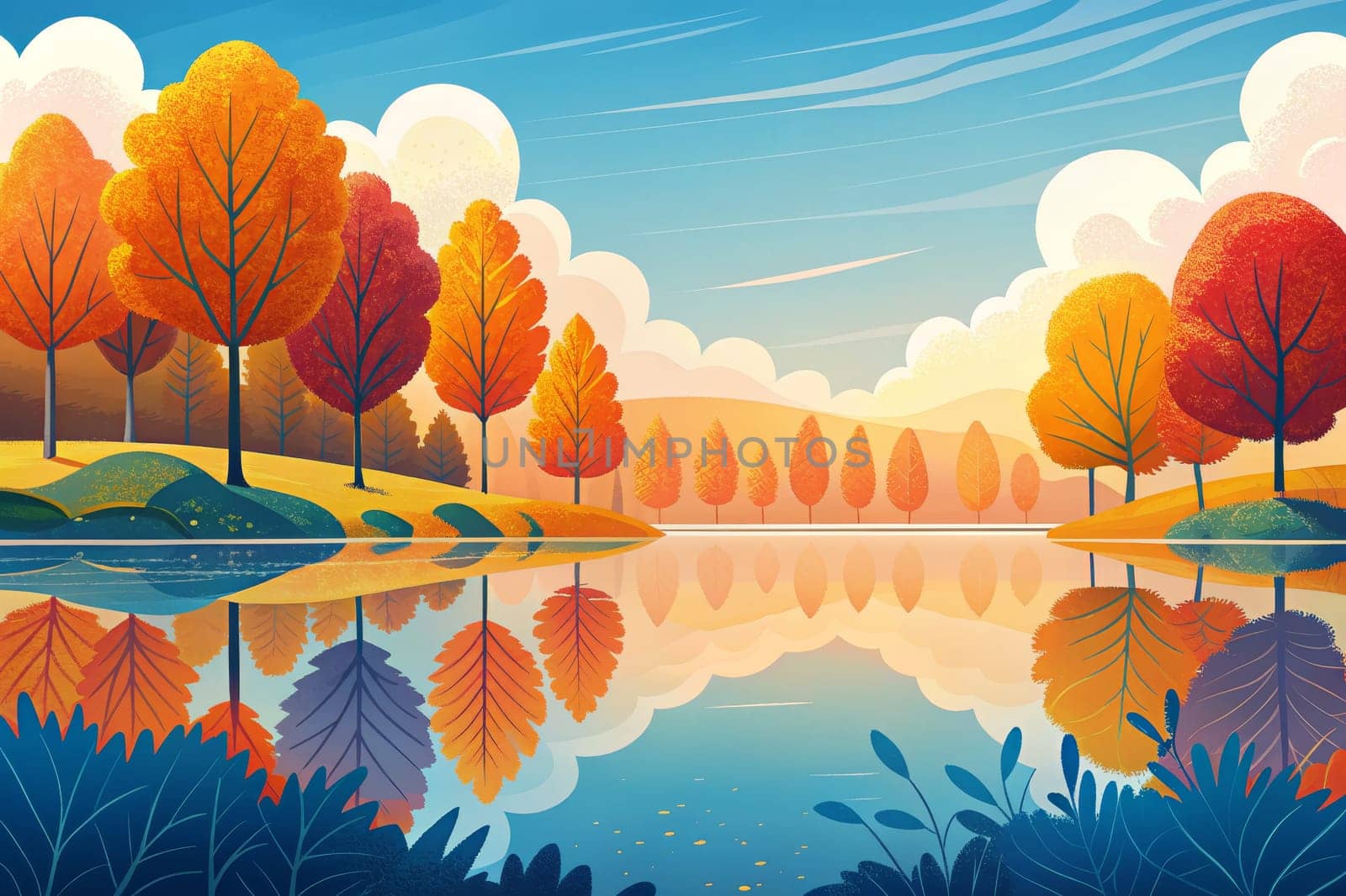 Golden and red-leaved trees stand along the banks of a tranquil lake, their reflections mirroring the vivid hues of autumn foliage. The sky above is a canvas of soft blues and whites, dotted with fluffy clouds and a gentle breeze. The scene is peaceful and serene, evoking a sense of calm and wonder.