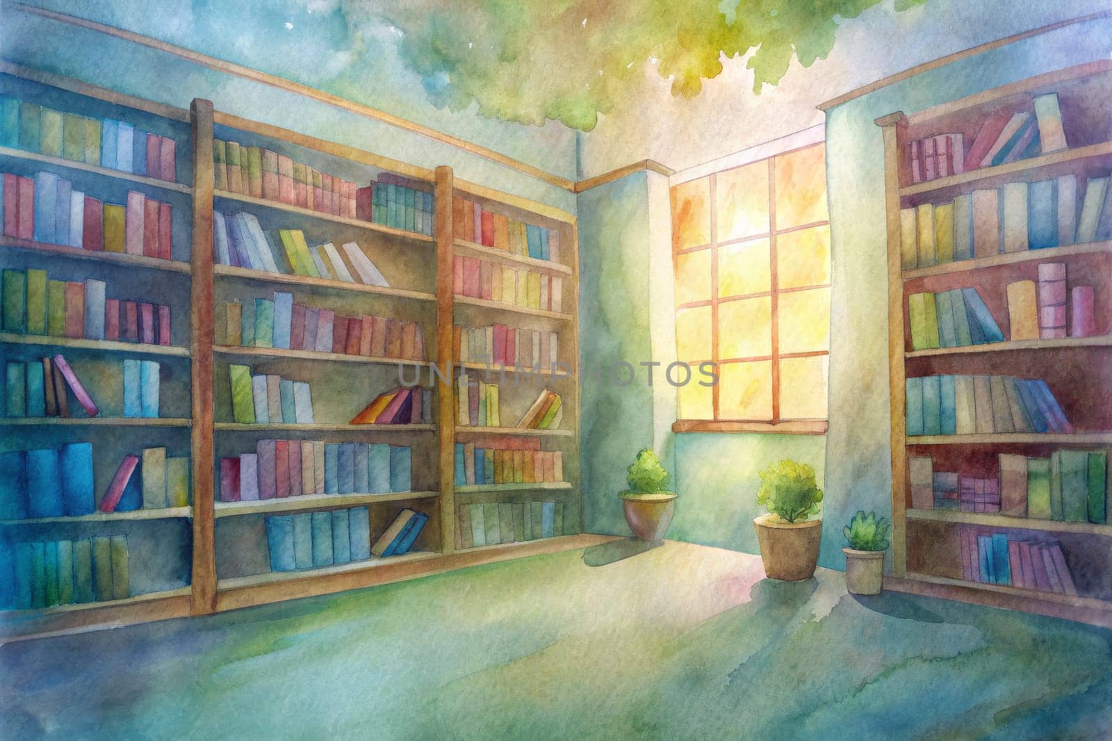 Sunlight streams through a large window, illuminating a cozy corner of a library. Wooden bookshelves line the walls, filled with colorful spines of countless books. A few potted plants add a touch of life to the serene space.