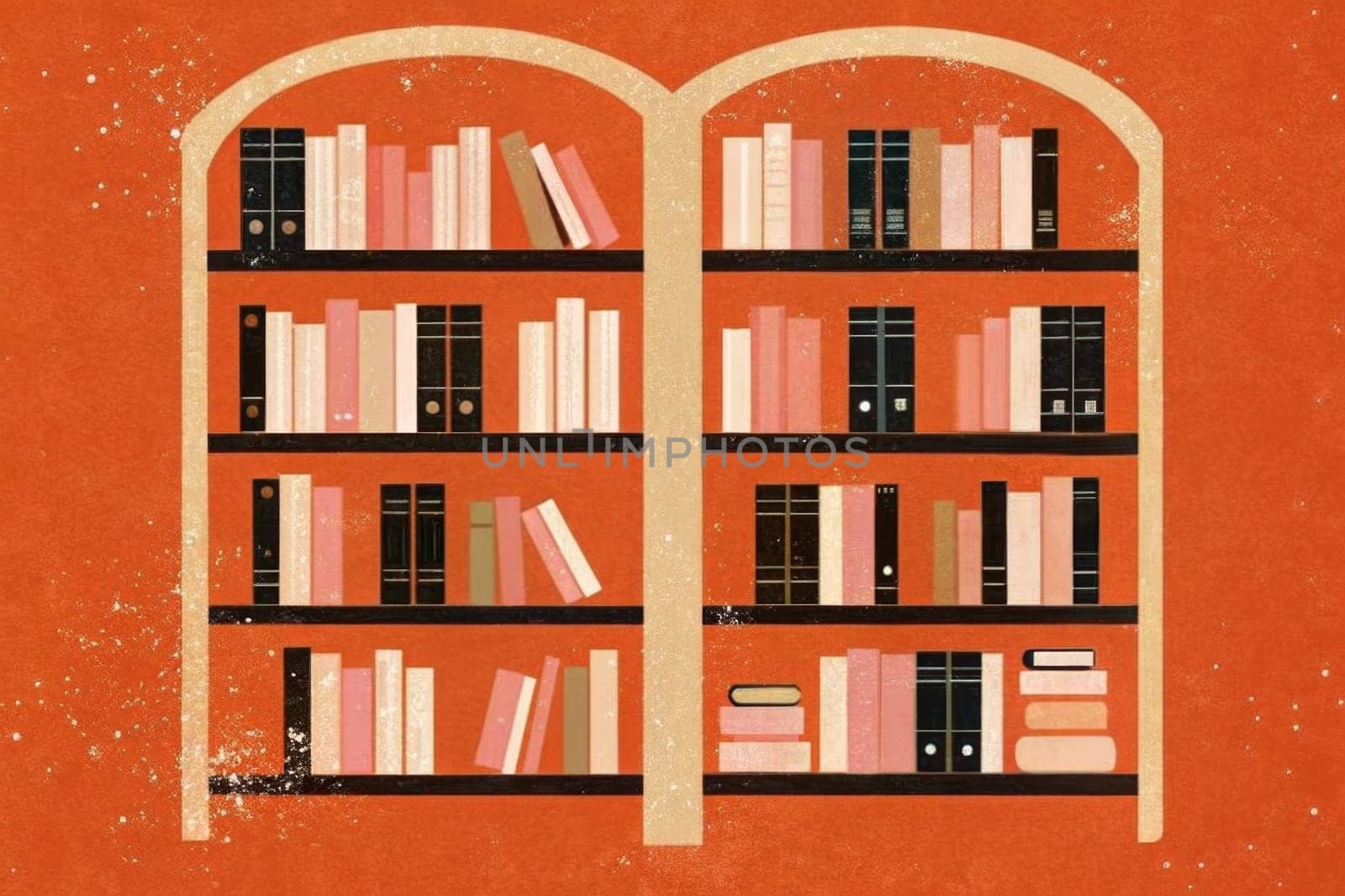A close-up view of an arched wooden bookshelf, filled with colorful books, against a vibrant orange wall. The shelves are filled with a diverse array of books, some stacked vertically, others horizontally. The bookshelf's elegant design and the vibrant colors of the books create a sense of warmth and invitation, beckoning readers to explore the hidden knowledge within.