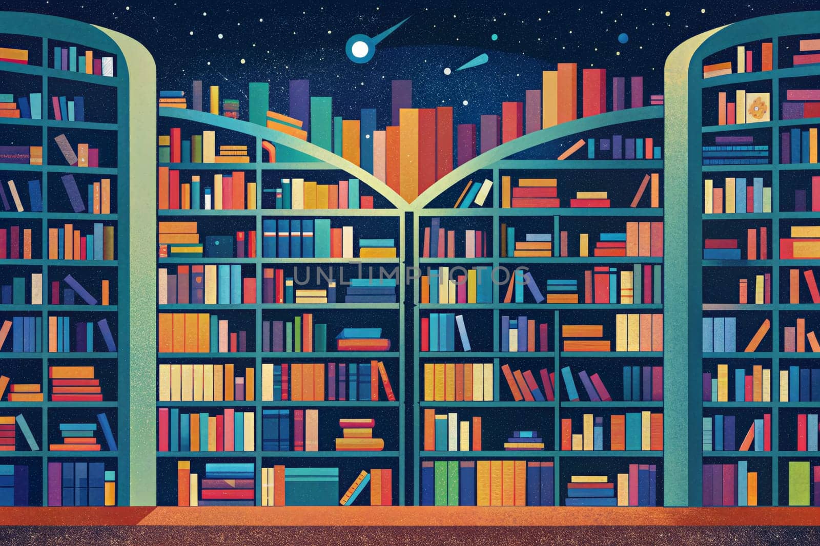 A towering bookshelf stretches towards a starry sky, its shelves overflowing with books of all shapes and sizes. A meteor streaks across the night sky, highlighting the boundless expanse of knowledge within the library.