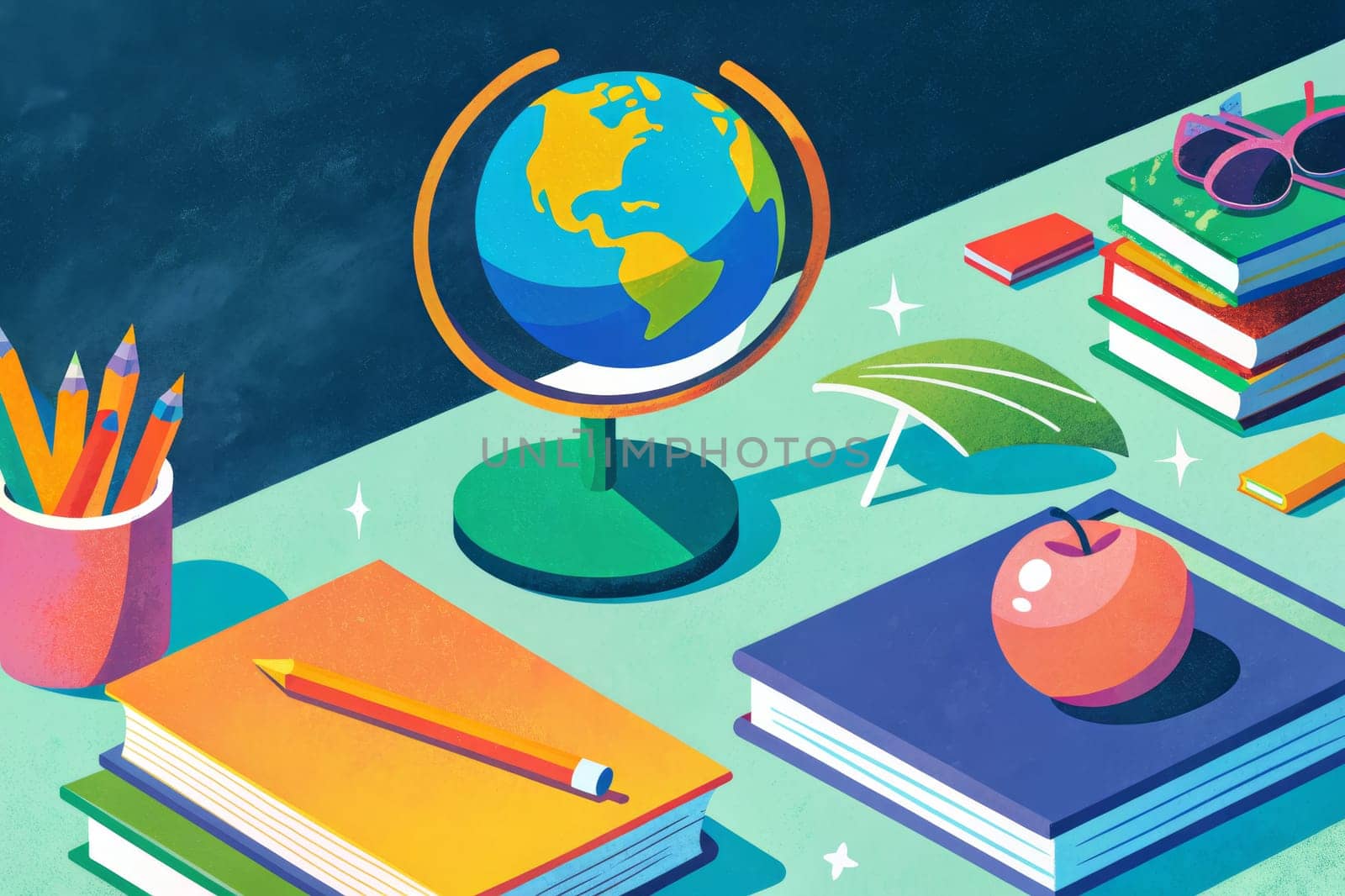 A desk filled with books, pencils, and a globe suggests a setting for learning, while a beach umbrella and sunglasses hinting at relaxation and summer. An apple sits atop one of the books, symbolizing knowledge and reward. The scene evokes a sense of exploration and adventure in the pursuit of education.