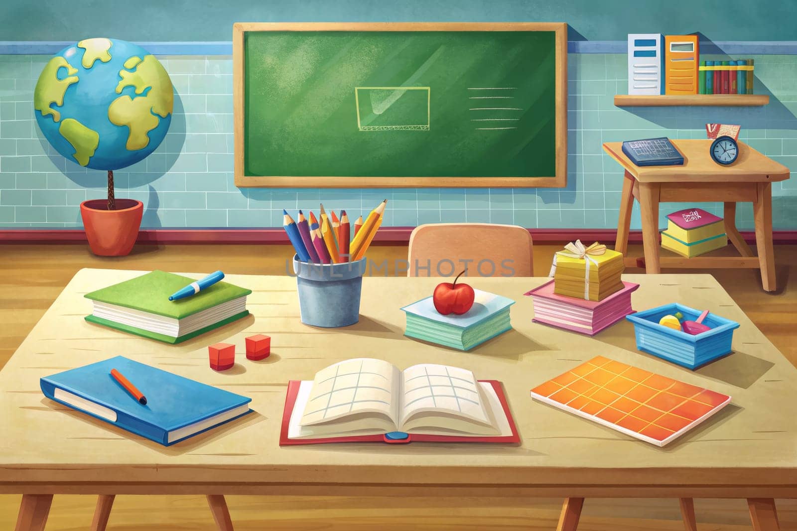 A classroom desk sits ready for the day, adorned with colorful books, pencils, and an apple. A globe sits in the corner, representing the world of knowledge. The desk is surrounded by the warmth of the sun, ready to welcome students for a day of learning and discovery.