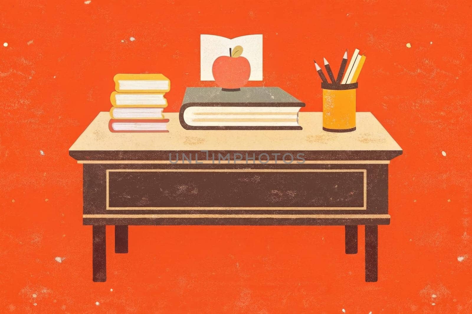 A desk filled with books, pencils, and a globe suggests a setting for learning, while a beach umbrella and sunglasses hinting at relaxation and summer. An apple sits atop one of the books, symbolizing knowledge and reward. The scene evokes a sense of exploration and adventure in the pursuit of education.
