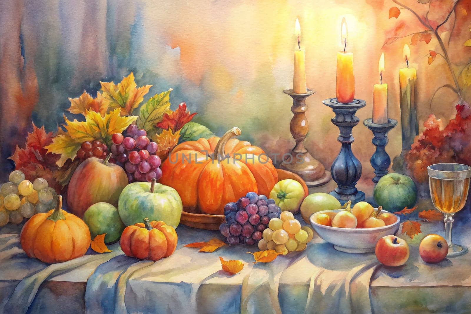 A watercolor painting depicts an arrangement of autumnal fruits and vegetables on a table draped in a beige tablecloth. The centerpiece is a large, ripe pumpkin, flanked by two smaller pumpkins and a cluster of grapes. A bowl overflowing with apples, tomatoes, and other small fruits sits in the background, while a glass of water and a bottle of wine add a touch of elegance. The composition is accented by vibrant fall leaves and a soft, golden light.