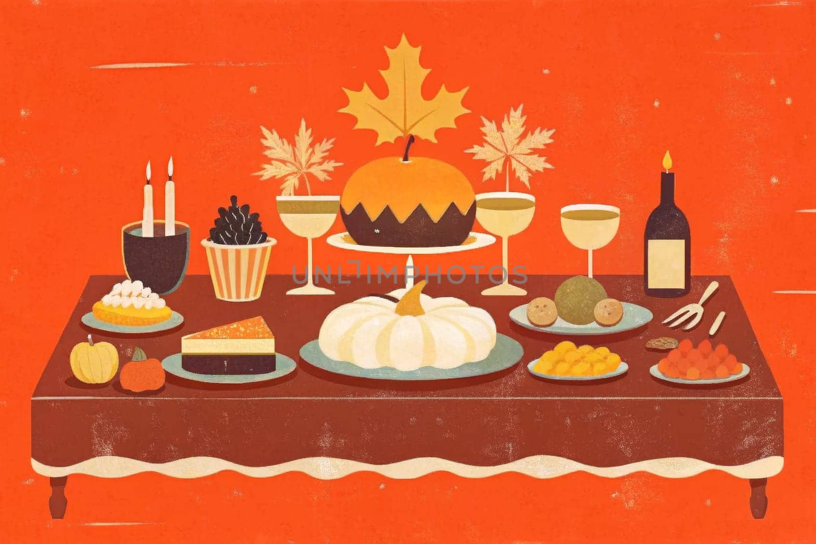 A beautifully arranged table setting for a special occasion, featuring a variety of delicious treats and drinks, all adorned with autumnal decor, including maple leaves and pumpkins.