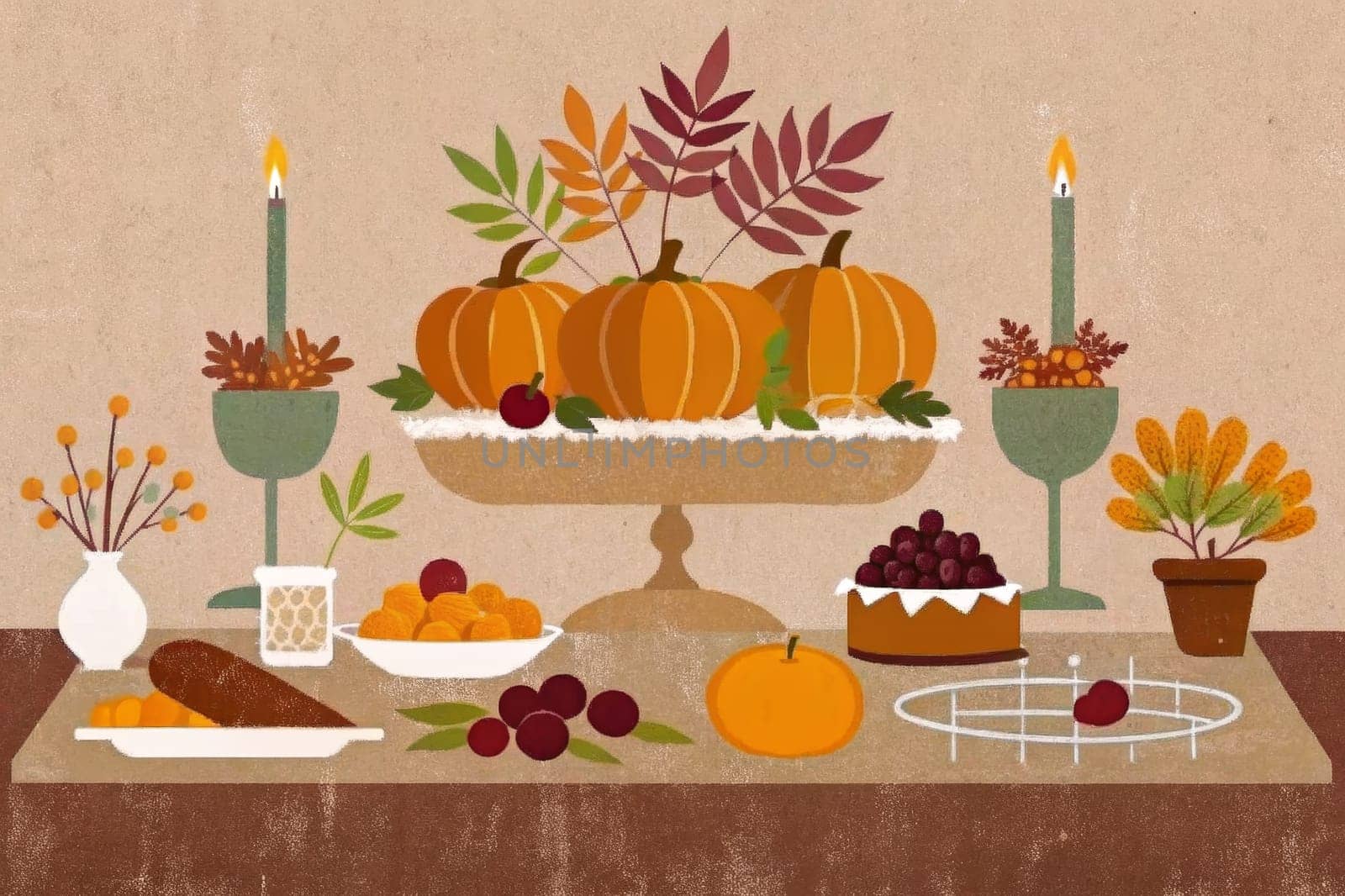 A beautifully arranged table setting for a special occasion, featuring a variety of delicious treats and drinks, all adorned with autumnal decor, including maple leaves and pumpkins.