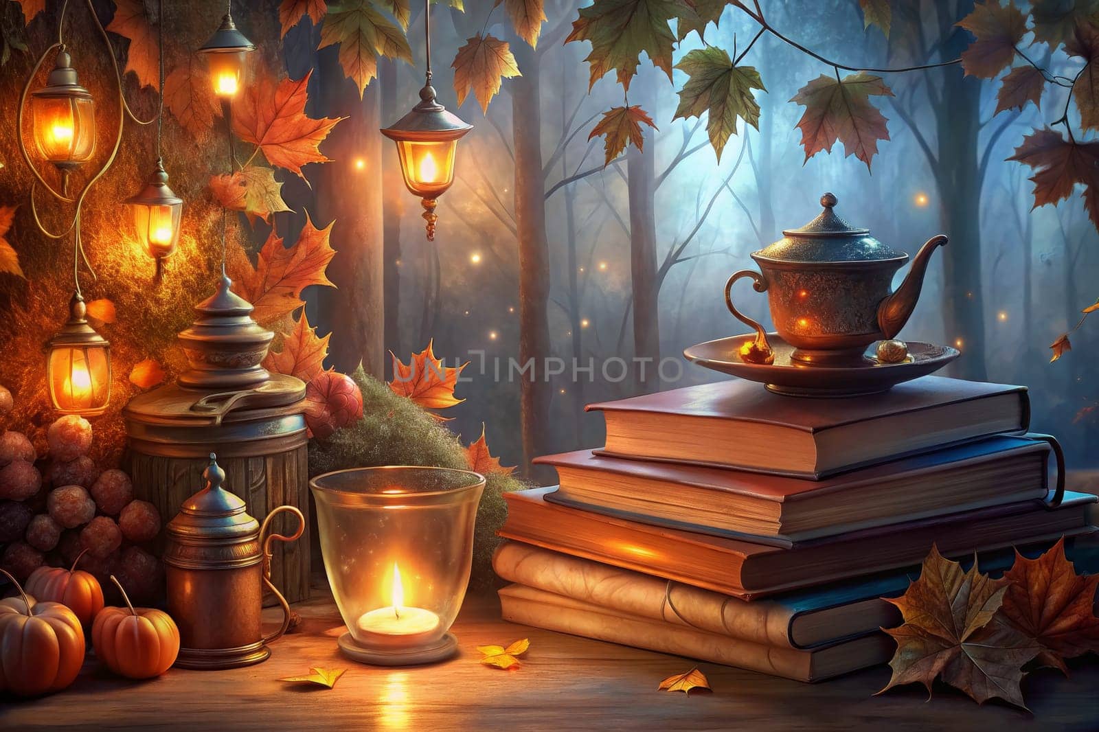 A cozy scene with a teapot resting on a stack of books. A candle flickers in a glass holder, casting a warm glow on a wooden table surrounded by fall leaves and pumpkins. The scene is set against a backdrop of a magical forest, illuminated by hanging lanterns and fireflies.